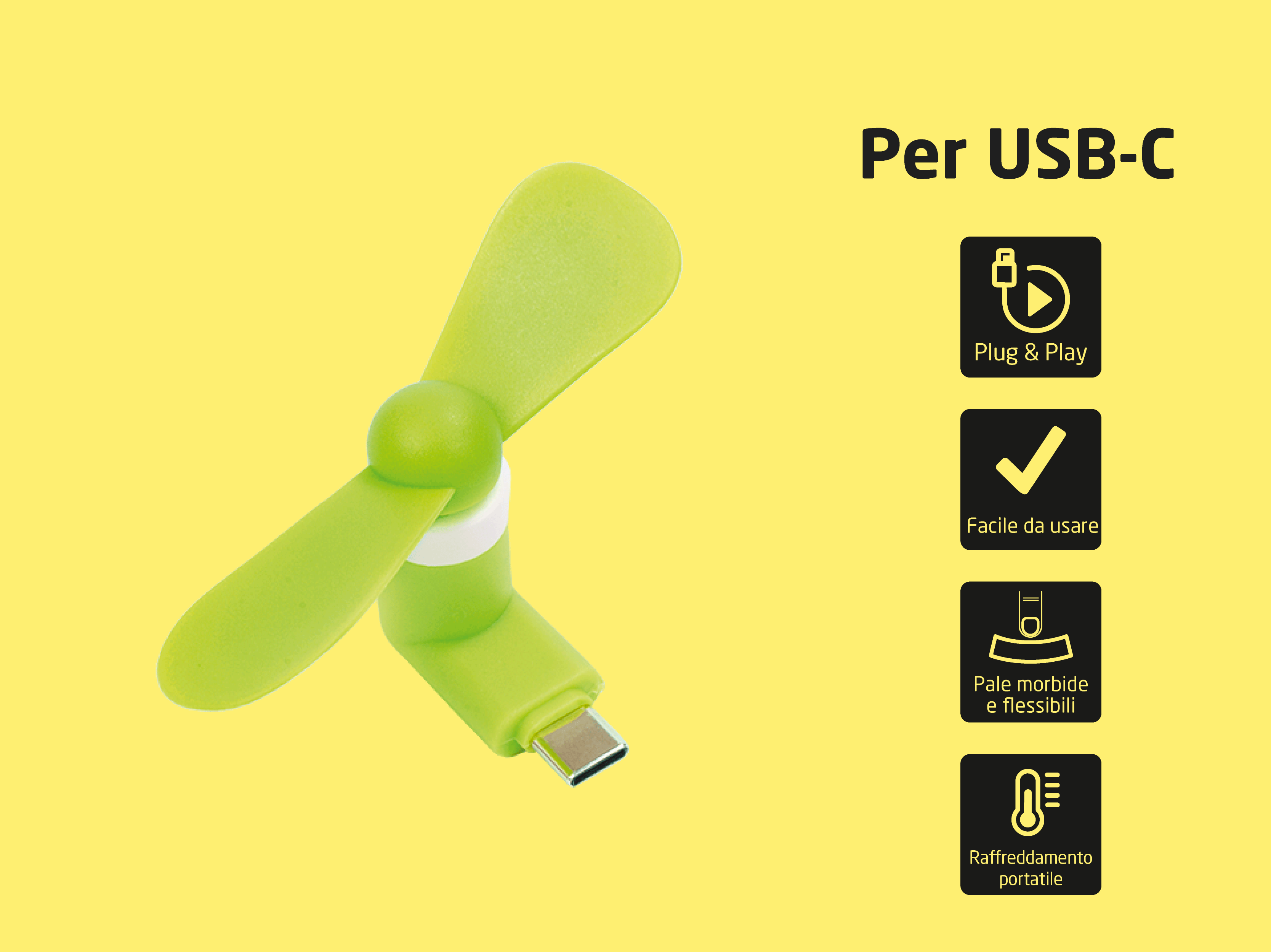 Ein kleiner grüner USB-C-Ventilator mit zwei Flügeln auf gelbem Hintergrund.