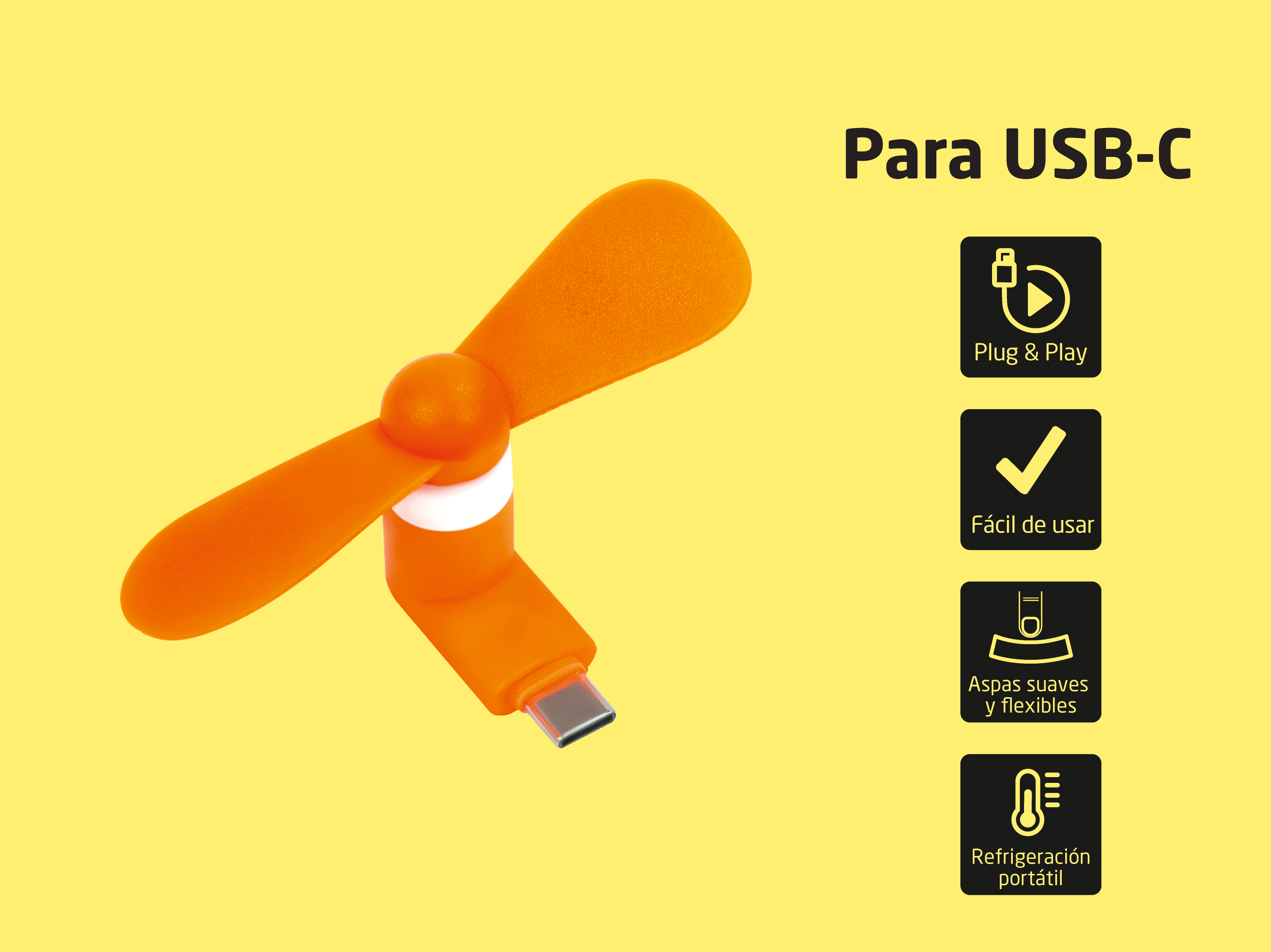 Ein orangefarbener USB-C-Ventilator mit zwei Flügeln auf gelbem Hintergrund.