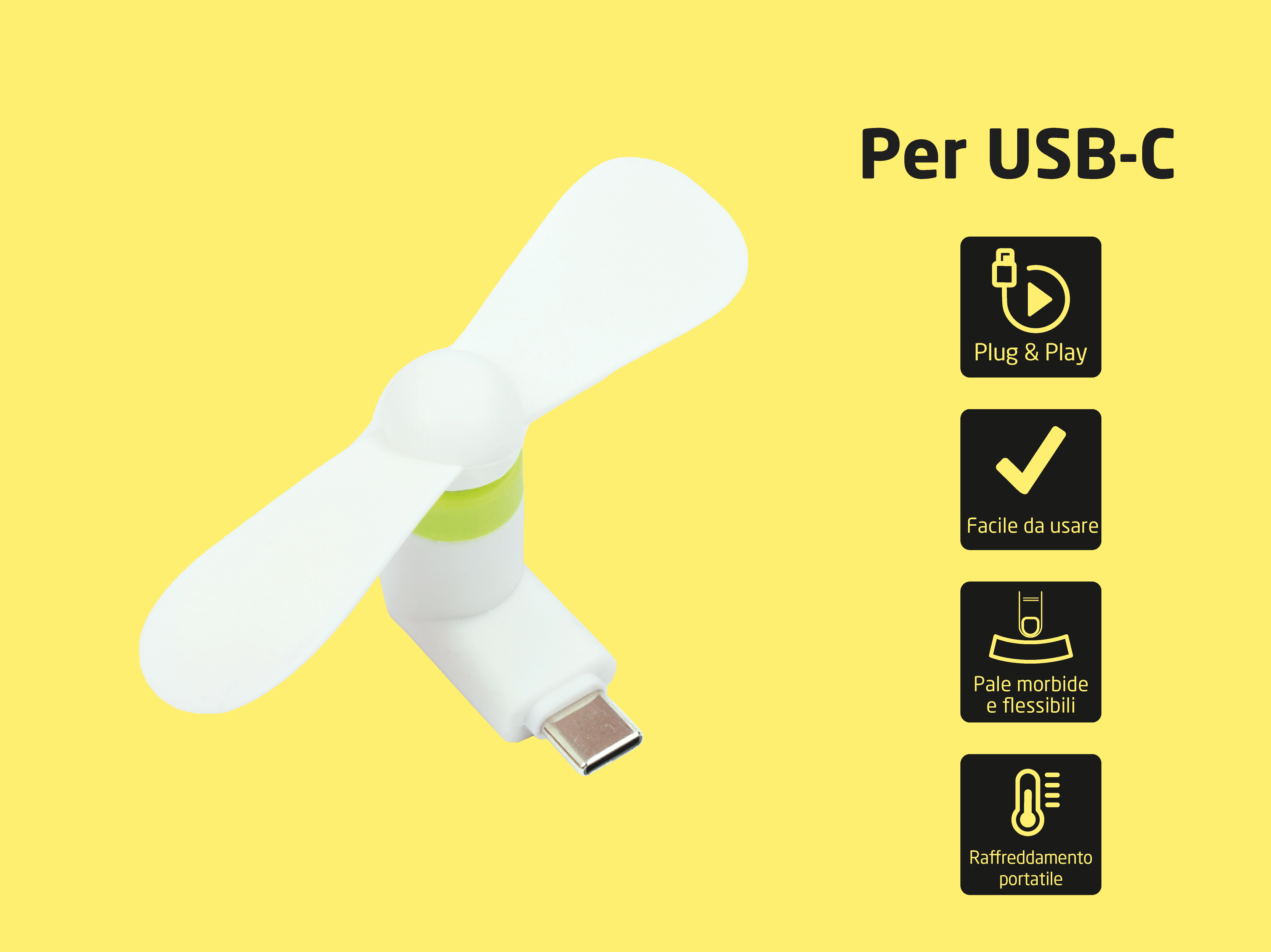 Ein weißer Mini-USB-C-Ventilator mit grüner Mitte auf gelbem Hintergrund.