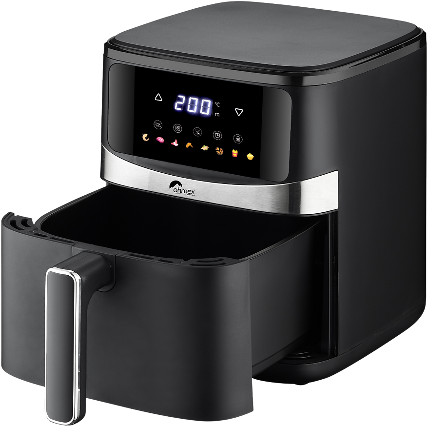 Friteuse à air noire avec écran numérique affichant 200 degrés Celsius et icônes alimentaires.