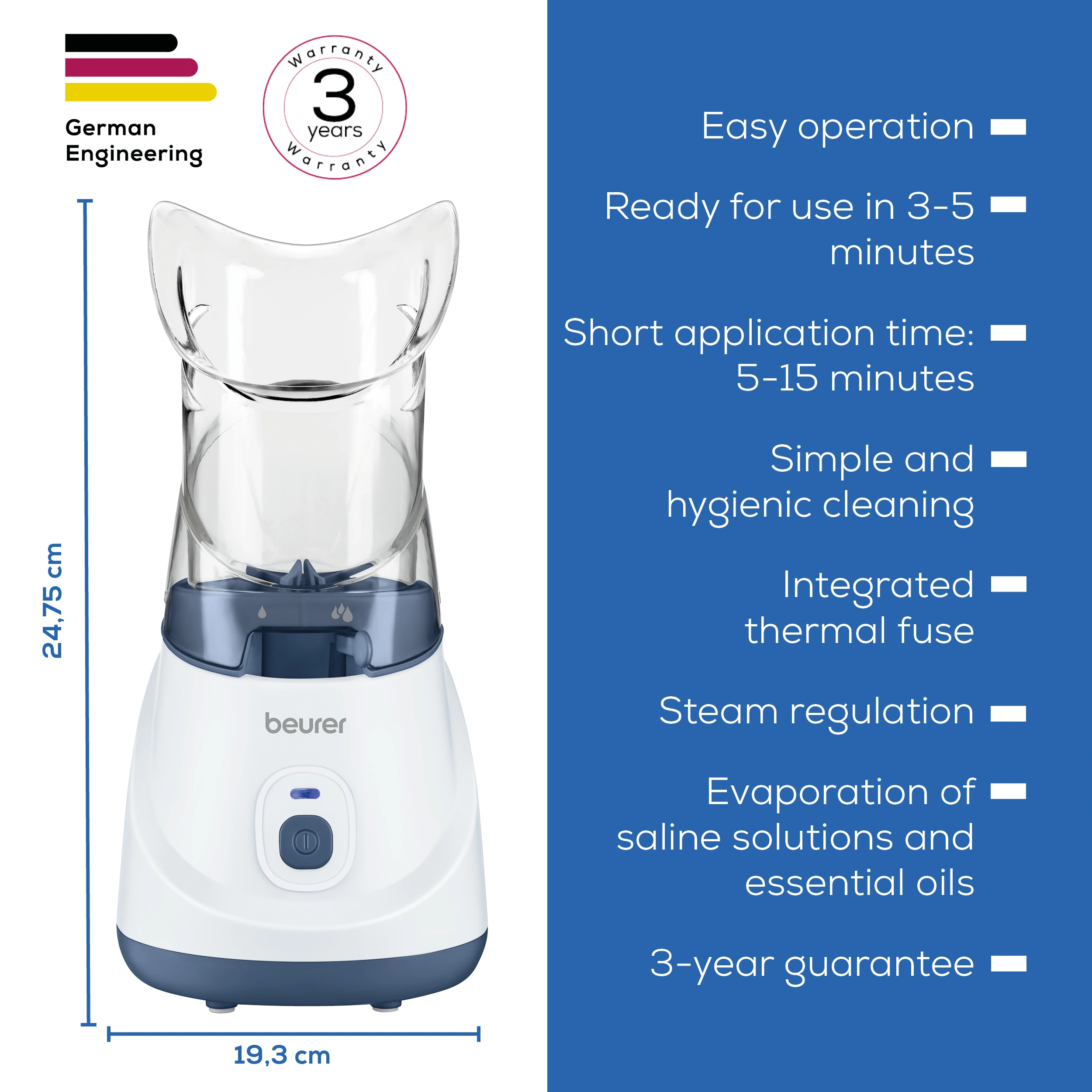 Ein weißer Beurer Inhalator mit transparentem Aufsatz auf blauem Hintergrund.