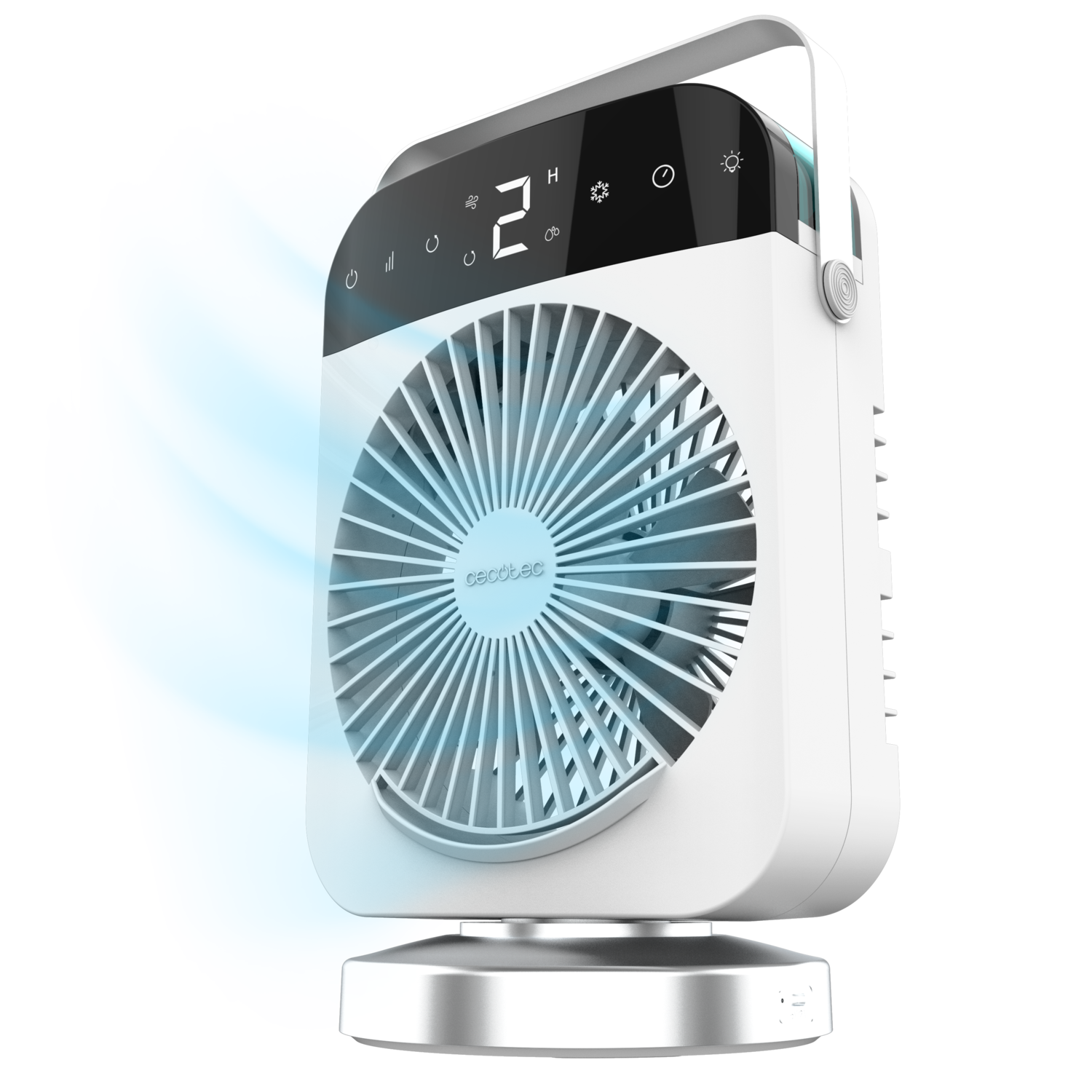 Un ventilador portátil blanco con base plateada y pantalla digital, emitiendo aire azul.