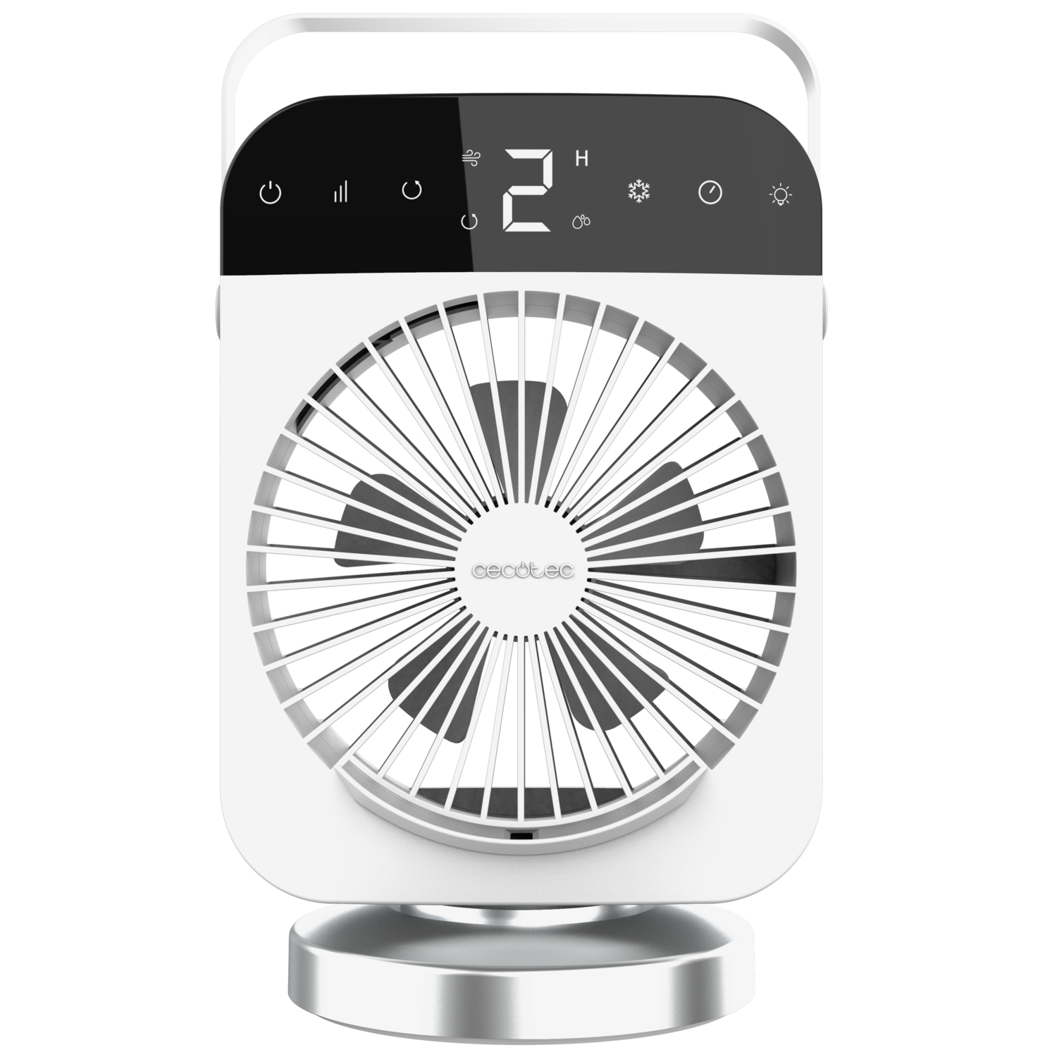 Un ventilador blanco con pantalla digital y asa se alza sobre una base plateada.