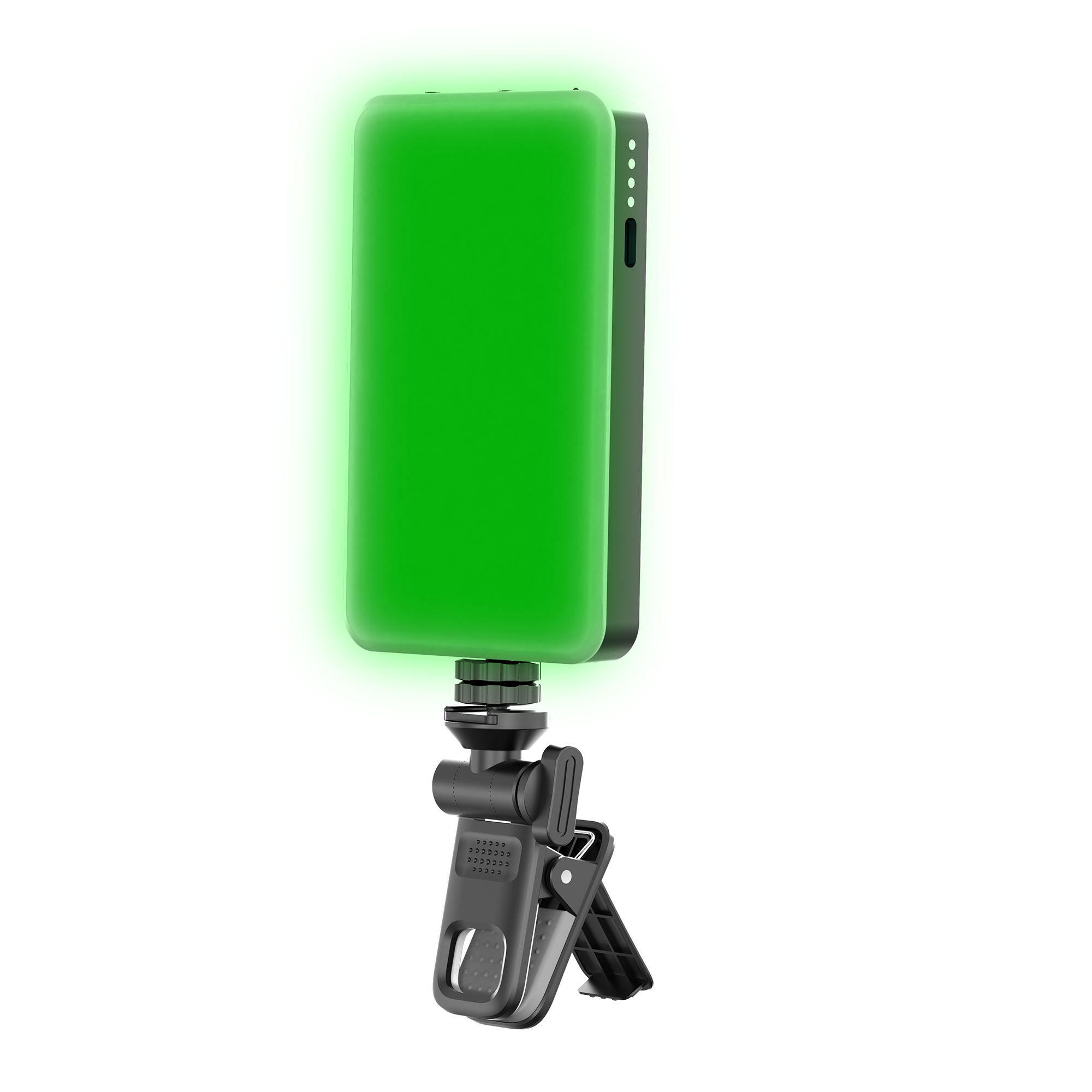 Eine grüne LED-Leuchte auf einem Klemmstativ, mit Knopf und Ladeanzeige.