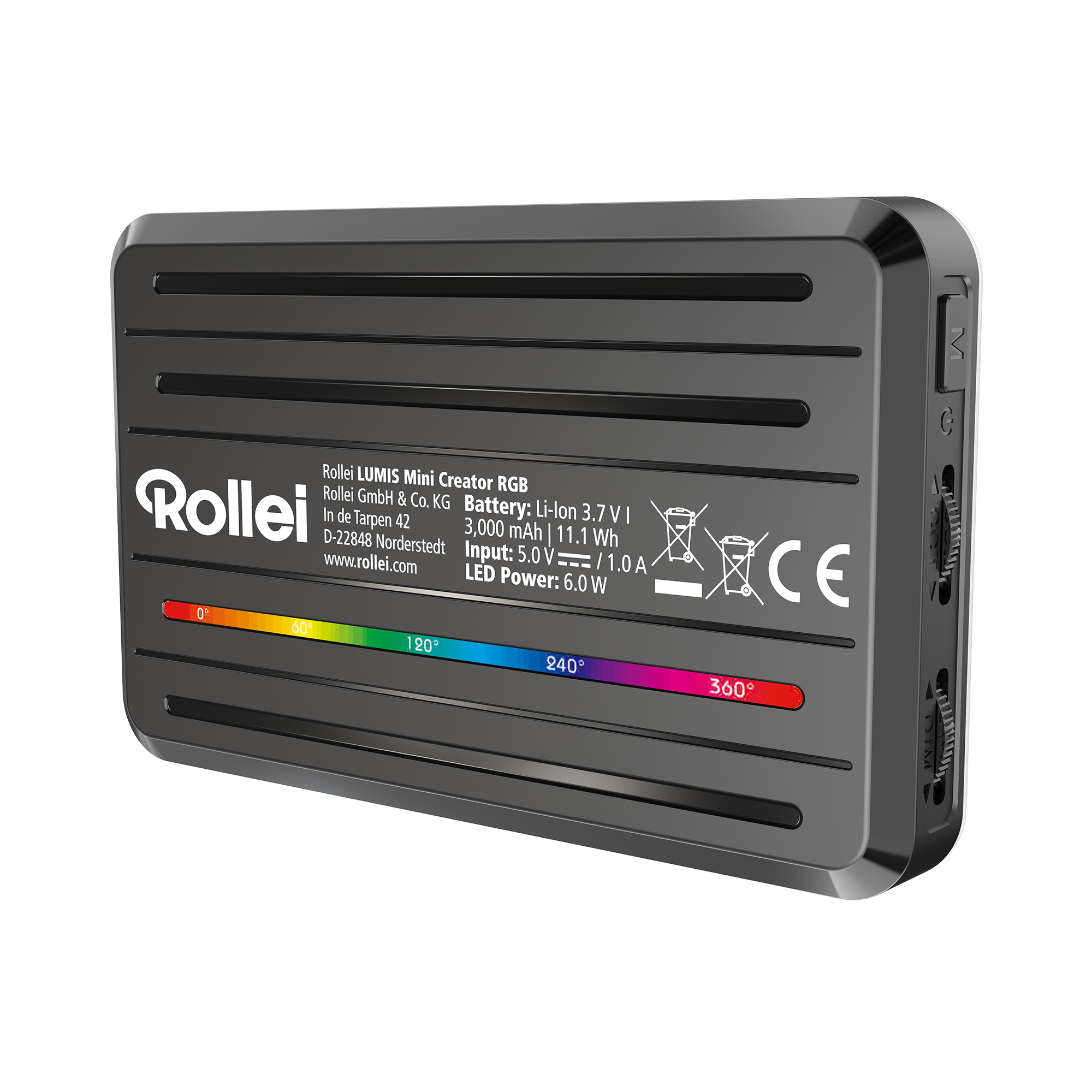 Kompakte Rollei Leuchte mit RGB-Farben, Beschriftung und Reglern.