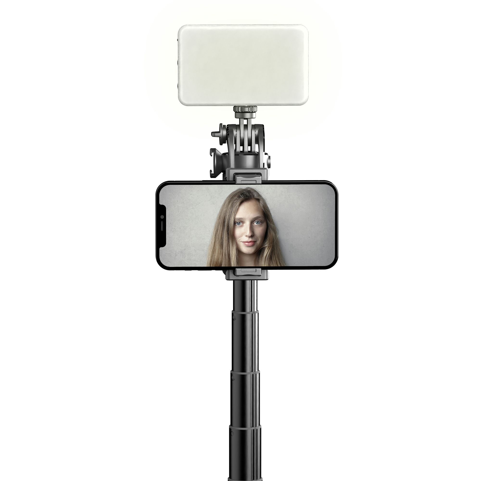 Ein Smartphone mit einem LED-Licht und einem Selfie-Stick.