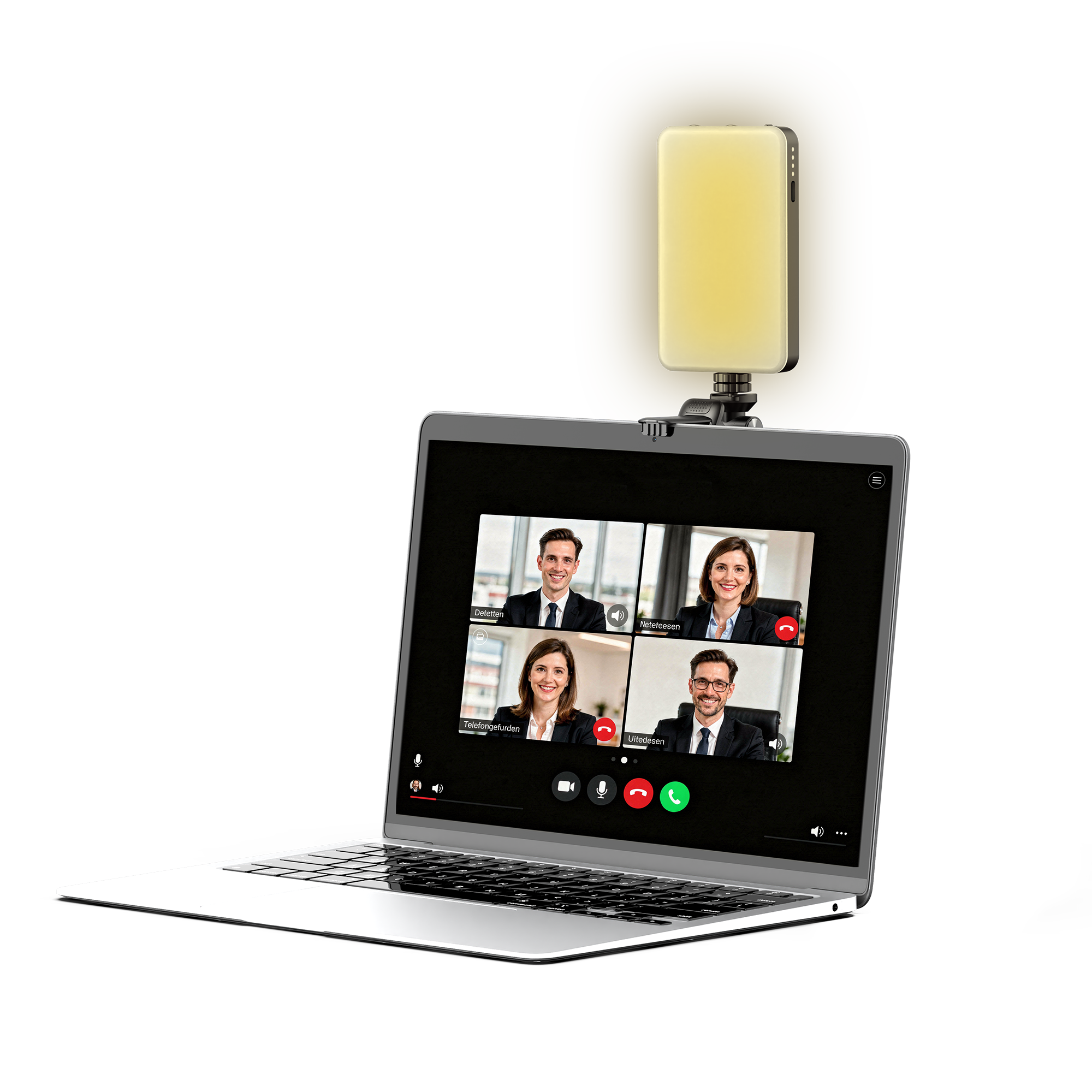 Laptop mit Videokonferenz von vier Personen und einer LED-Leuchte.