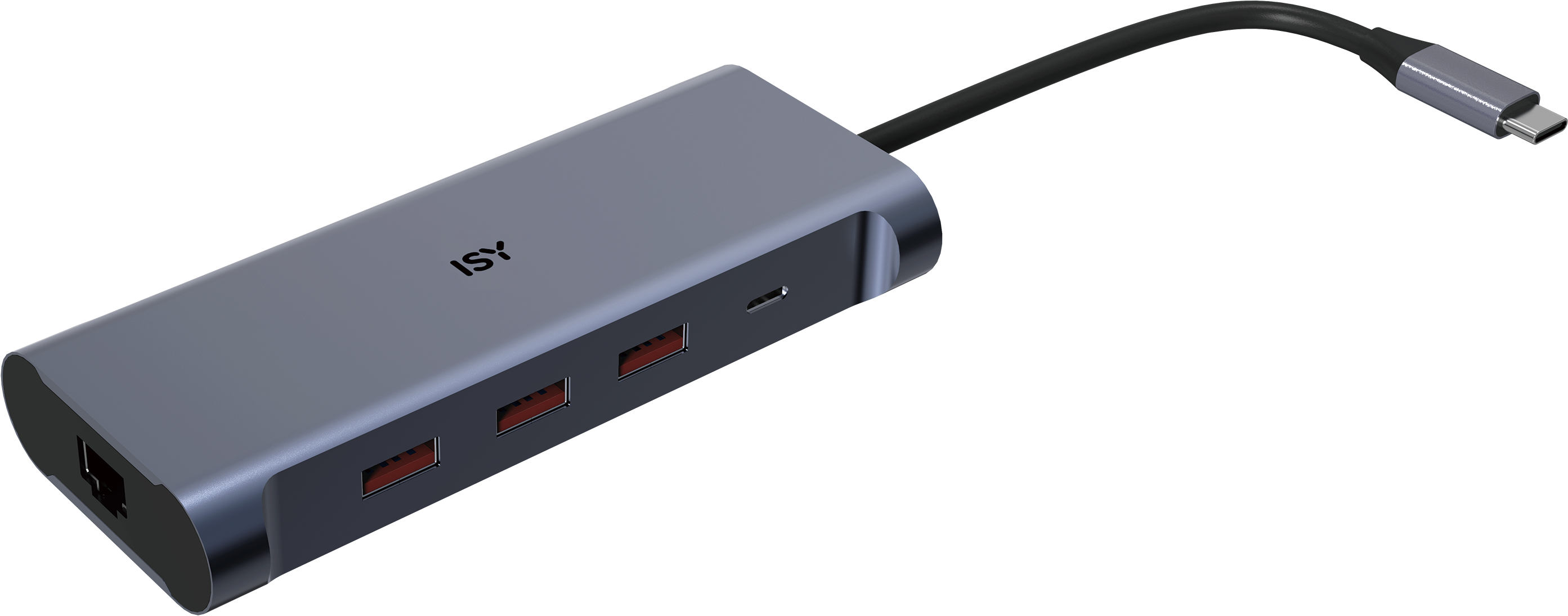 Hub USB-C grigio con tre porte USB-A, una porta Ethernet e un cavo USB-C.