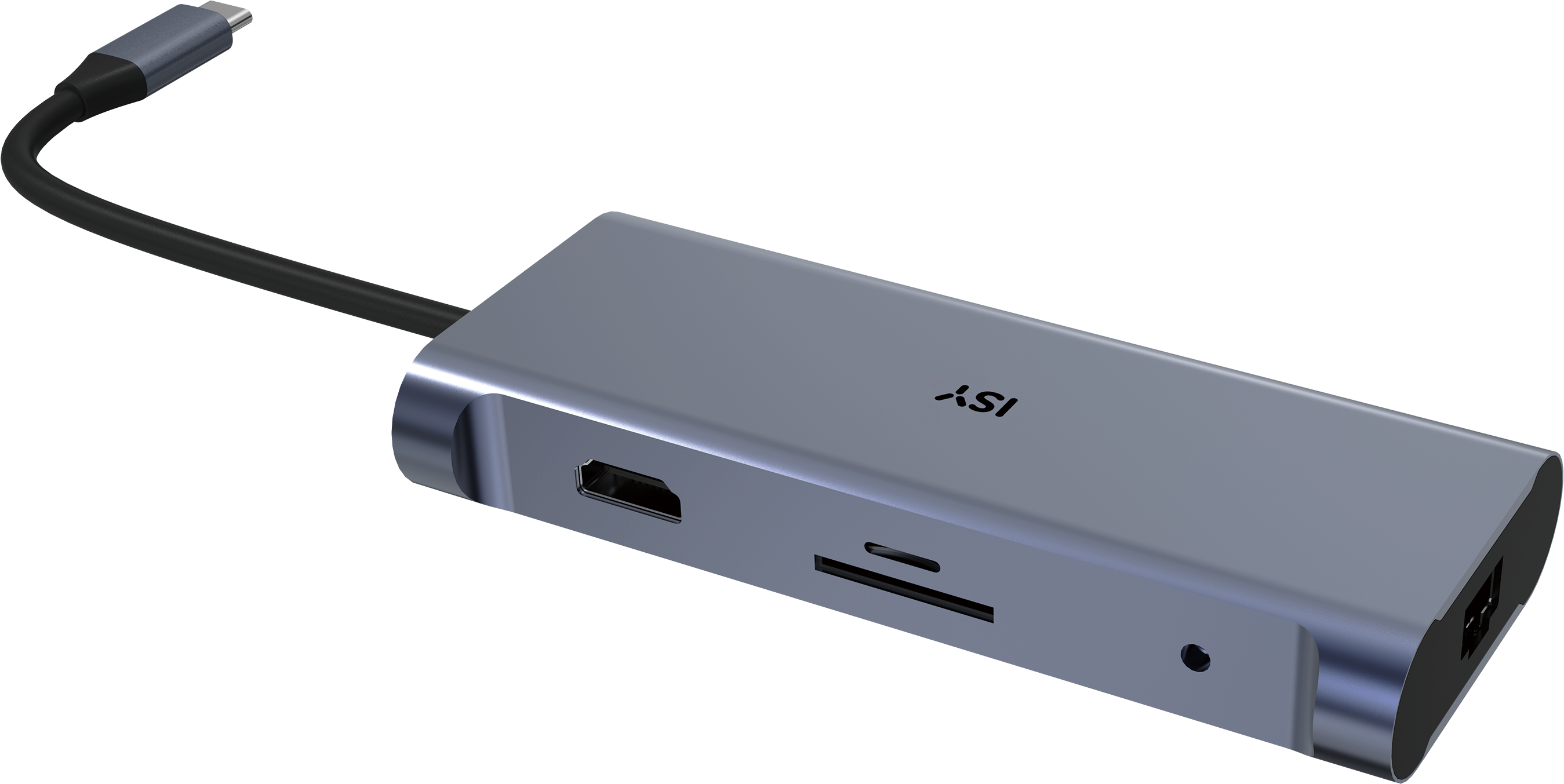 Hub USB-C grigio con HDMI, slot SD card e porta Ethernet.