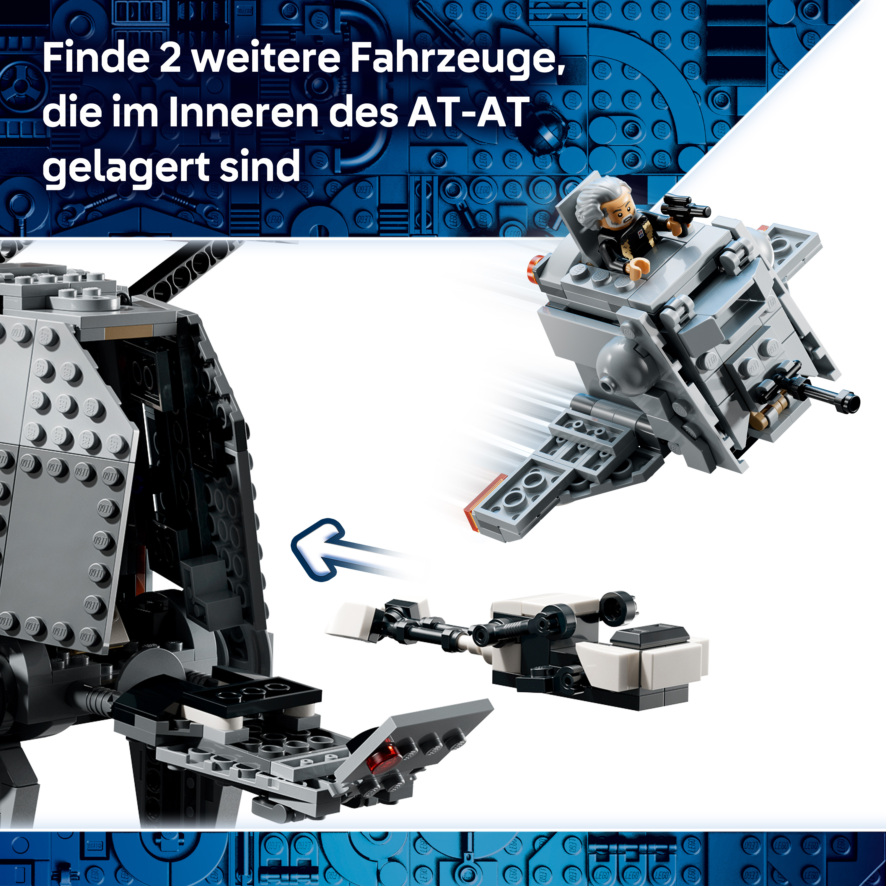 Ein Lego-AT-AT-Fahrzeug mit einem kleineren Fahrzeug, das herausfährt.