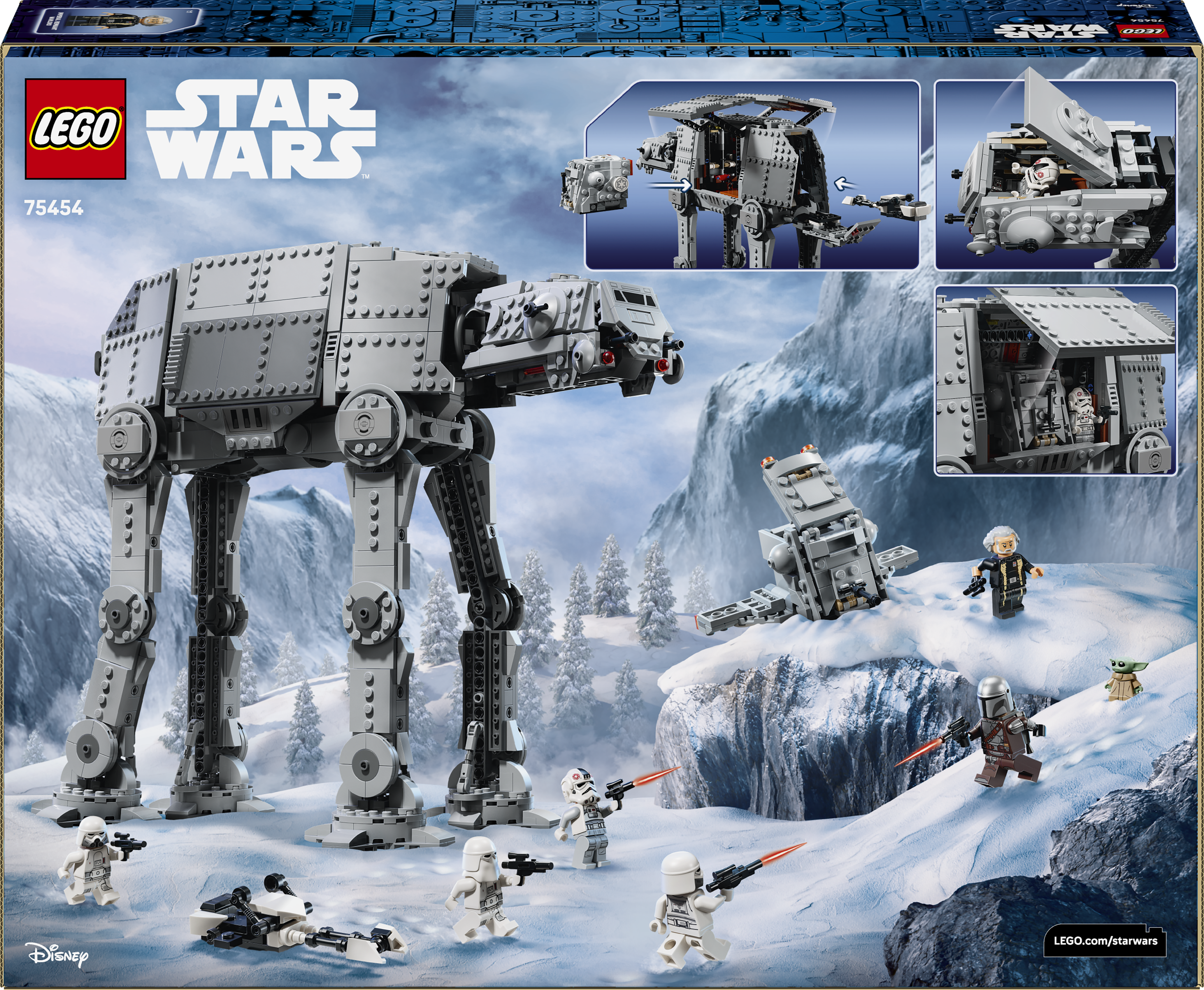 Lego Star Wars AT-AT Walker Set mit Figuren in einer Schneelandschaft.