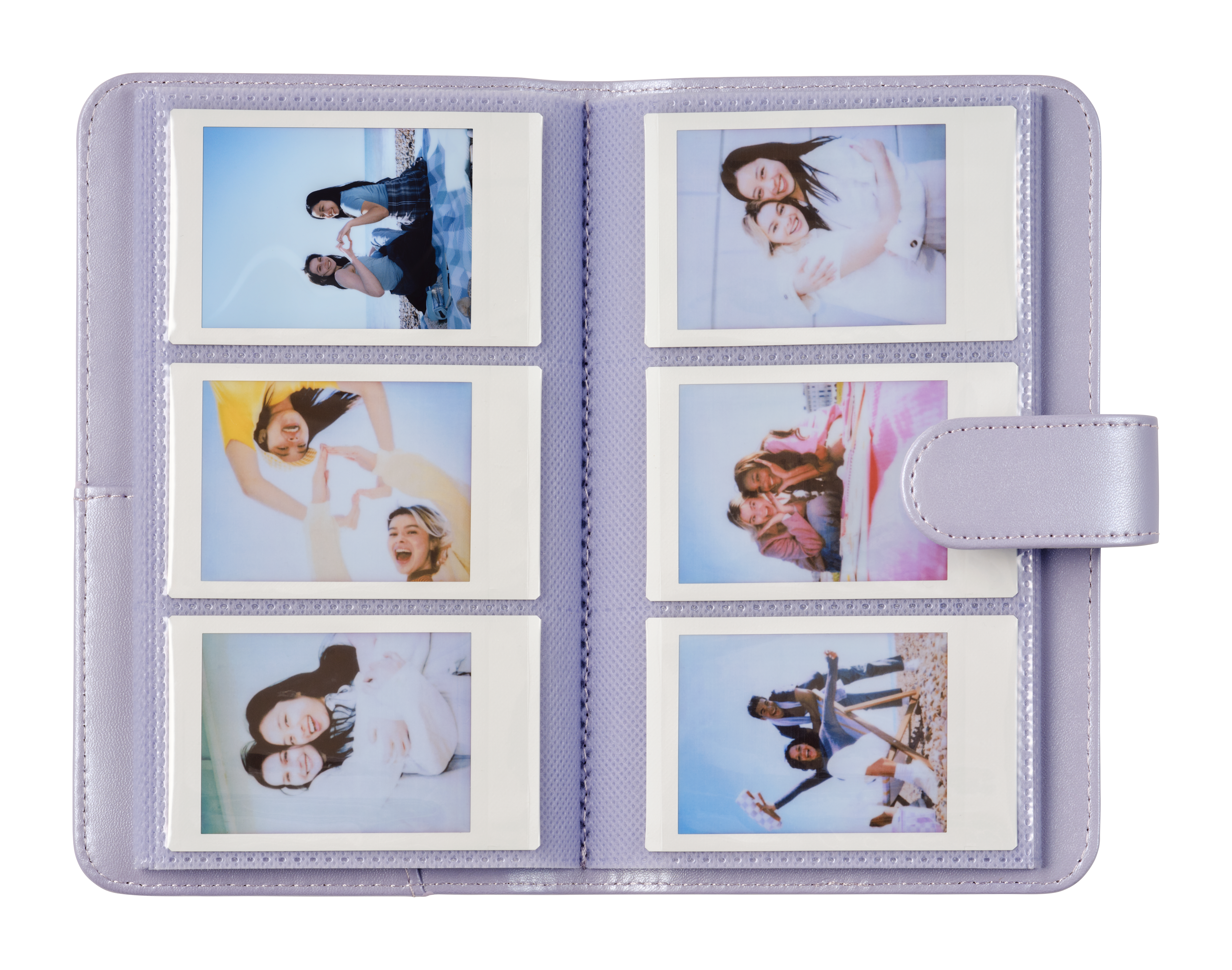 Lila Fotoalbum mit 6 Polaroids von jungen Leuten.
