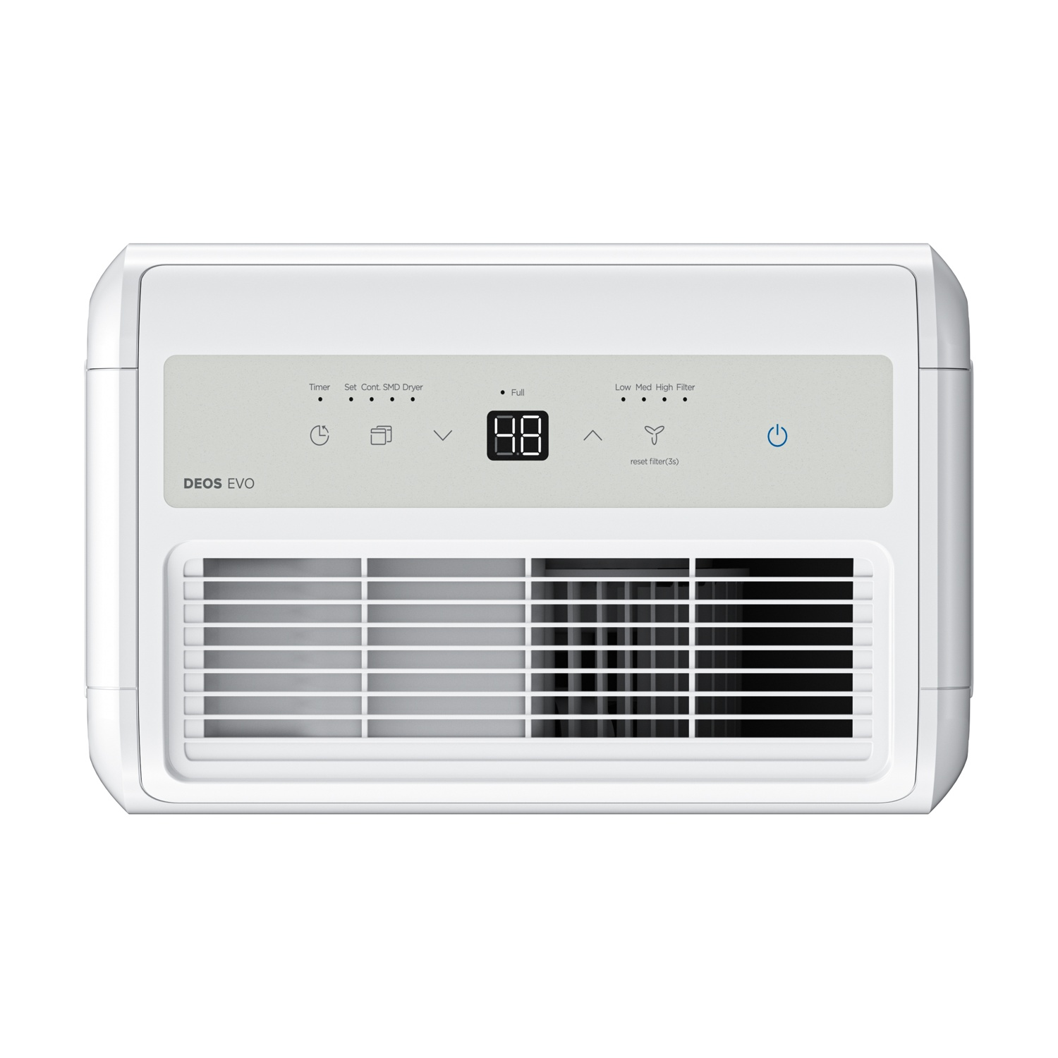 Un deumidificatore bianco con display digitale e fessure di ventilazione.