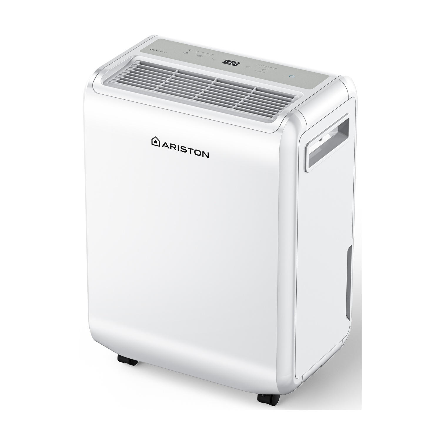 Un deumidificatore Ariston bianco con ruote e display digitale. Ha una maniglia.