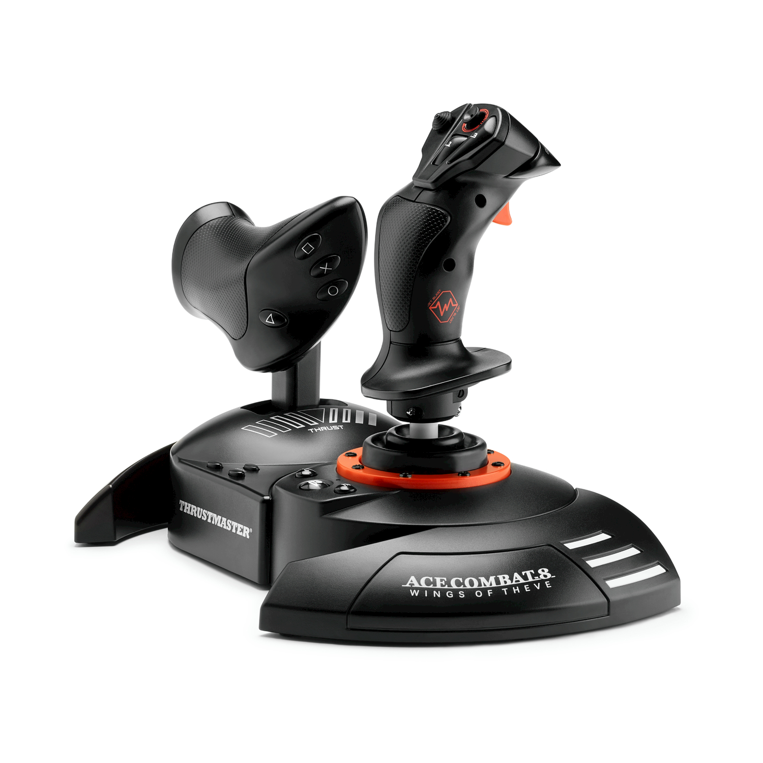 Joystick da gioco nero con manetta e pulsanti su sfondo bianco.