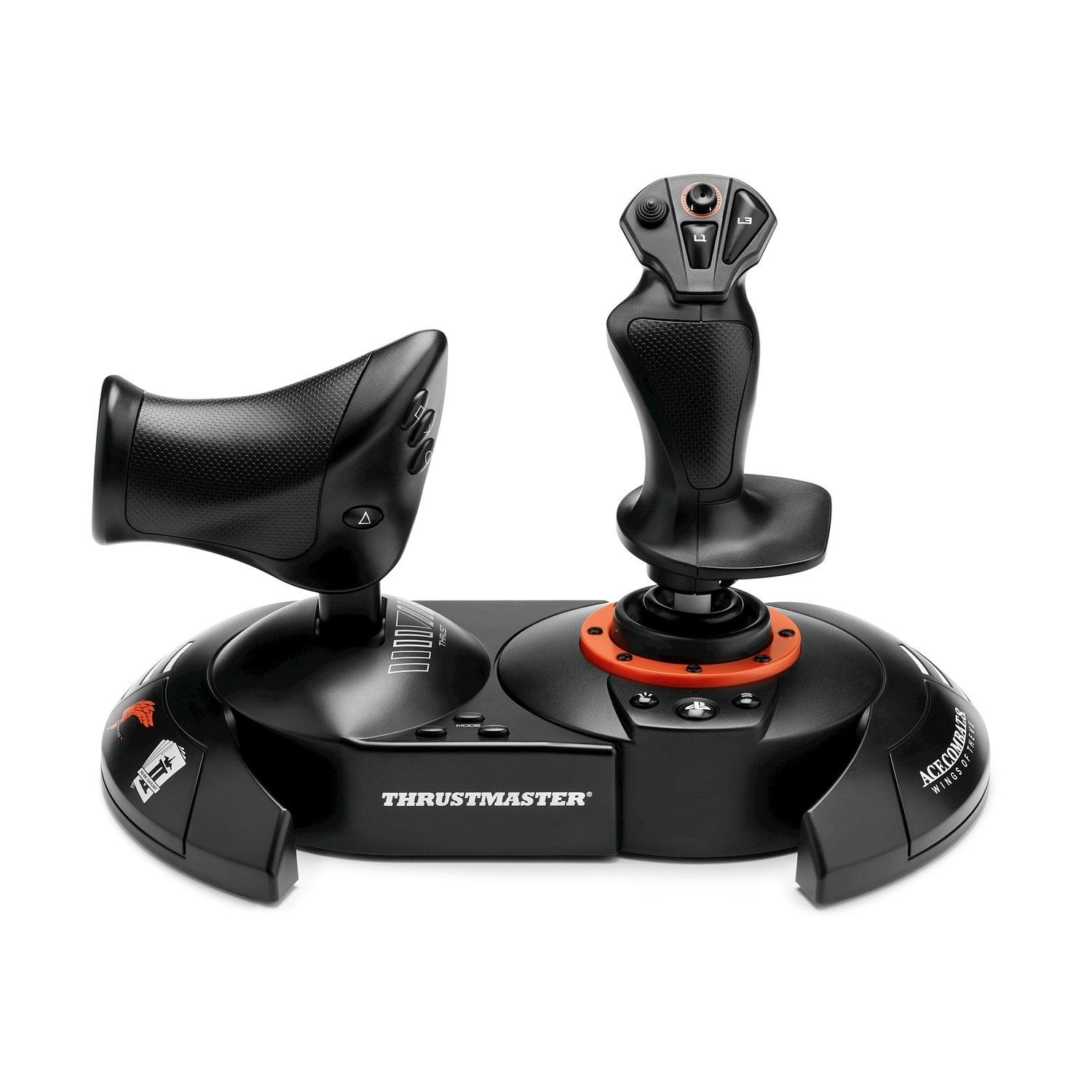 Un joystick nero Thrustmaster per simulatore di volo con manetta su sfondo bianco.