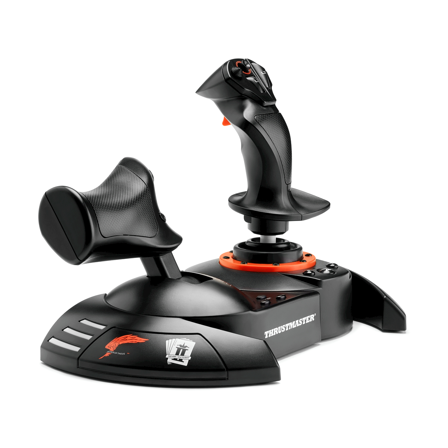 Joystick e manetta Thrustmaster HOTAS neri con accenti arancioni su sfondo bianco.