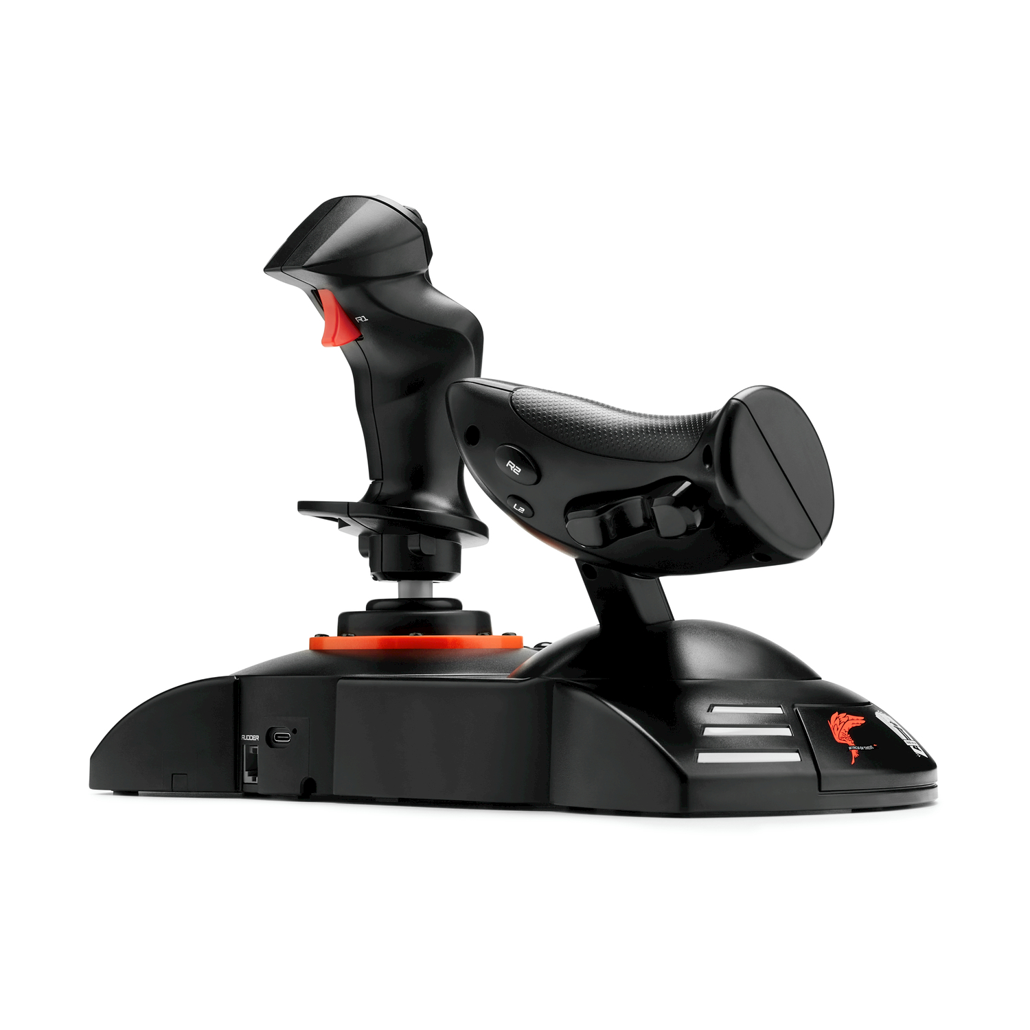 Joystick nero per simulatore di volo con grilletto rosso e impugnatura ergonomica, su sfondo bianco.