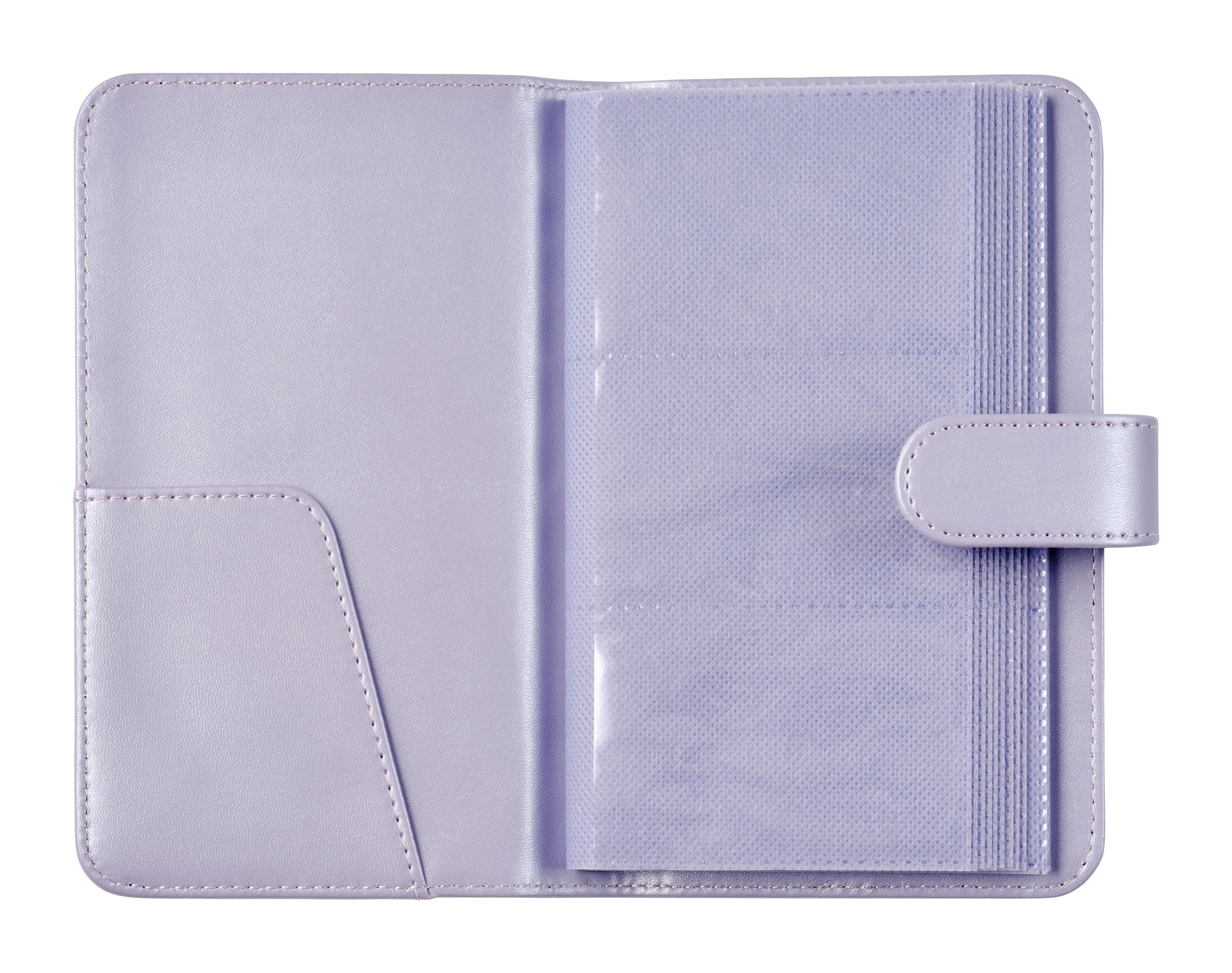 Ein aufgeschlagenes, lila Notizbuch mit einer Tasche und transparenten Fächern.