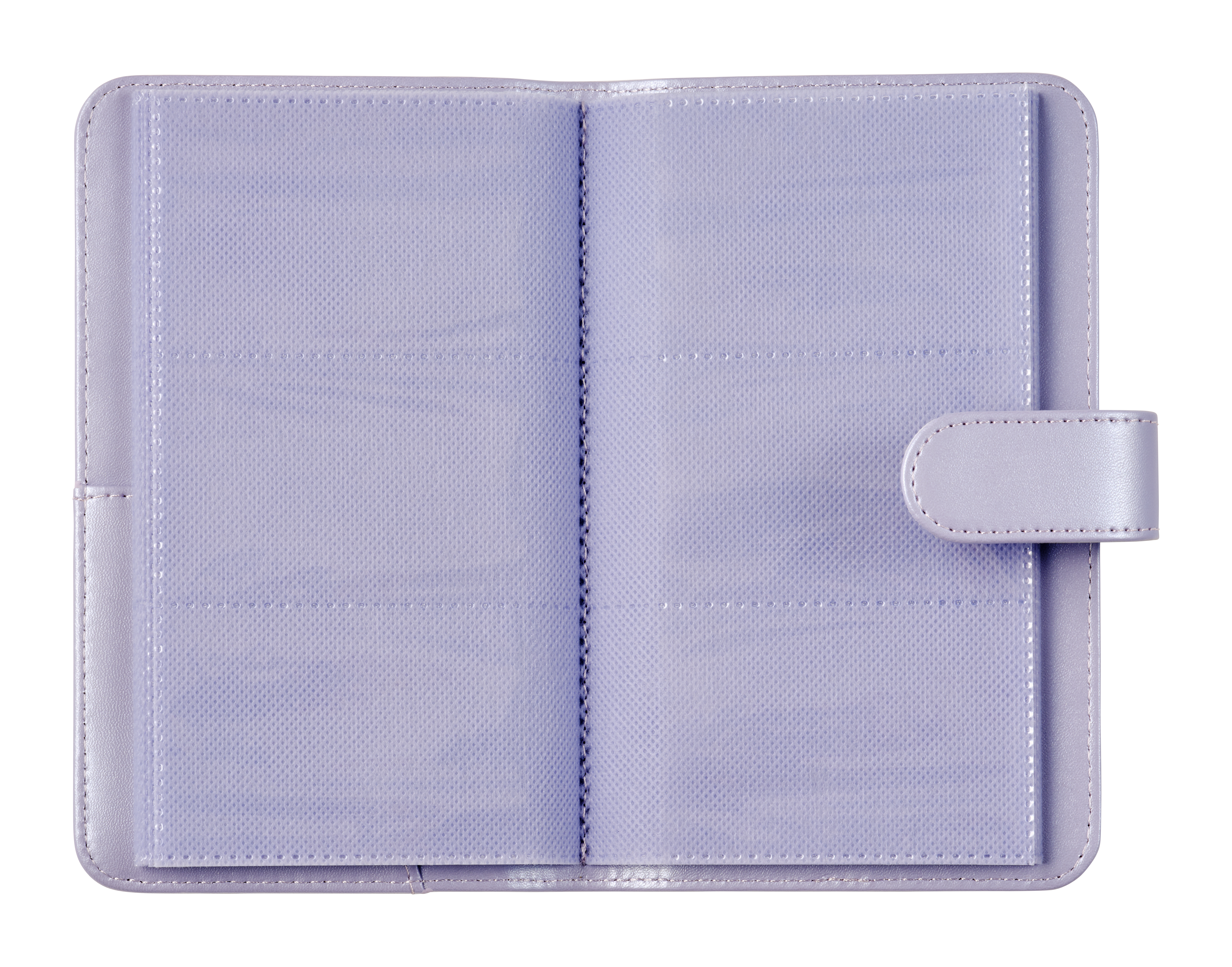 Ein aufgeschlagenes hellviolettes Album mit vielen Taschen auf beiden Seiten.