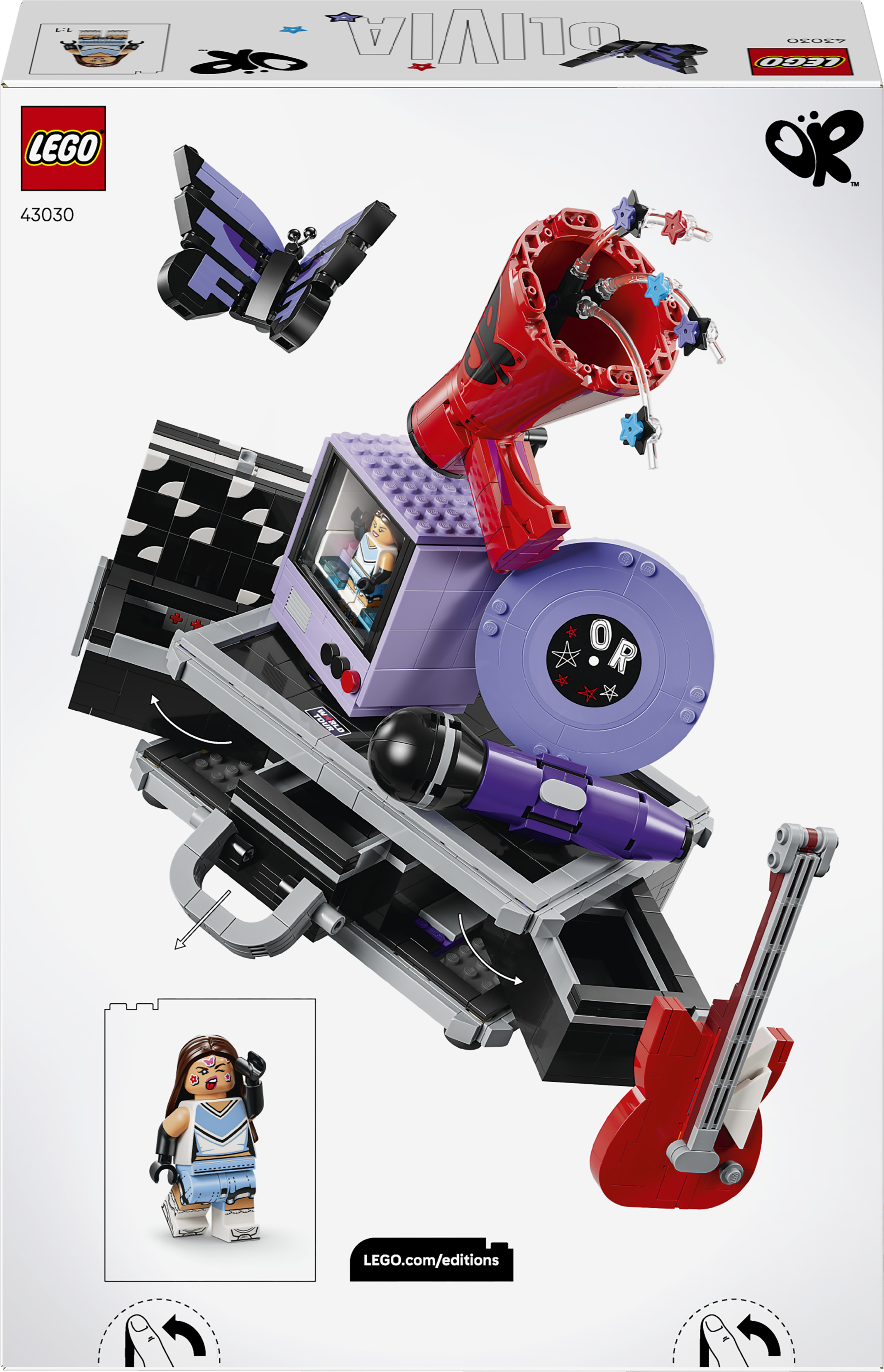 Ein LEGO-Modell mit lila Schmetterling, Mikrofon, Gitarre, lila Gameboy und Figur.