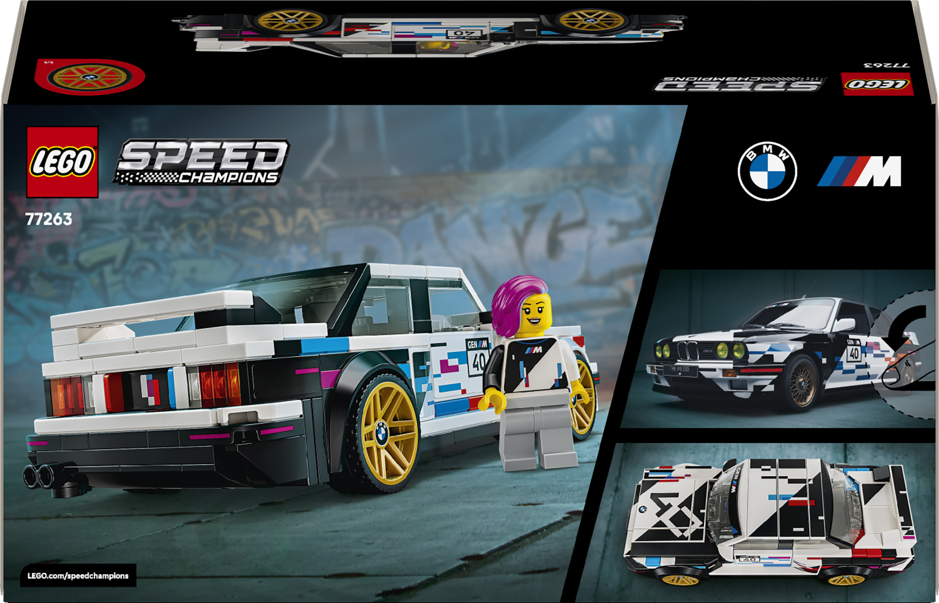 LEGO BMW M3 E30 mit Minifigur und Rennwagen-Details auf Beton.