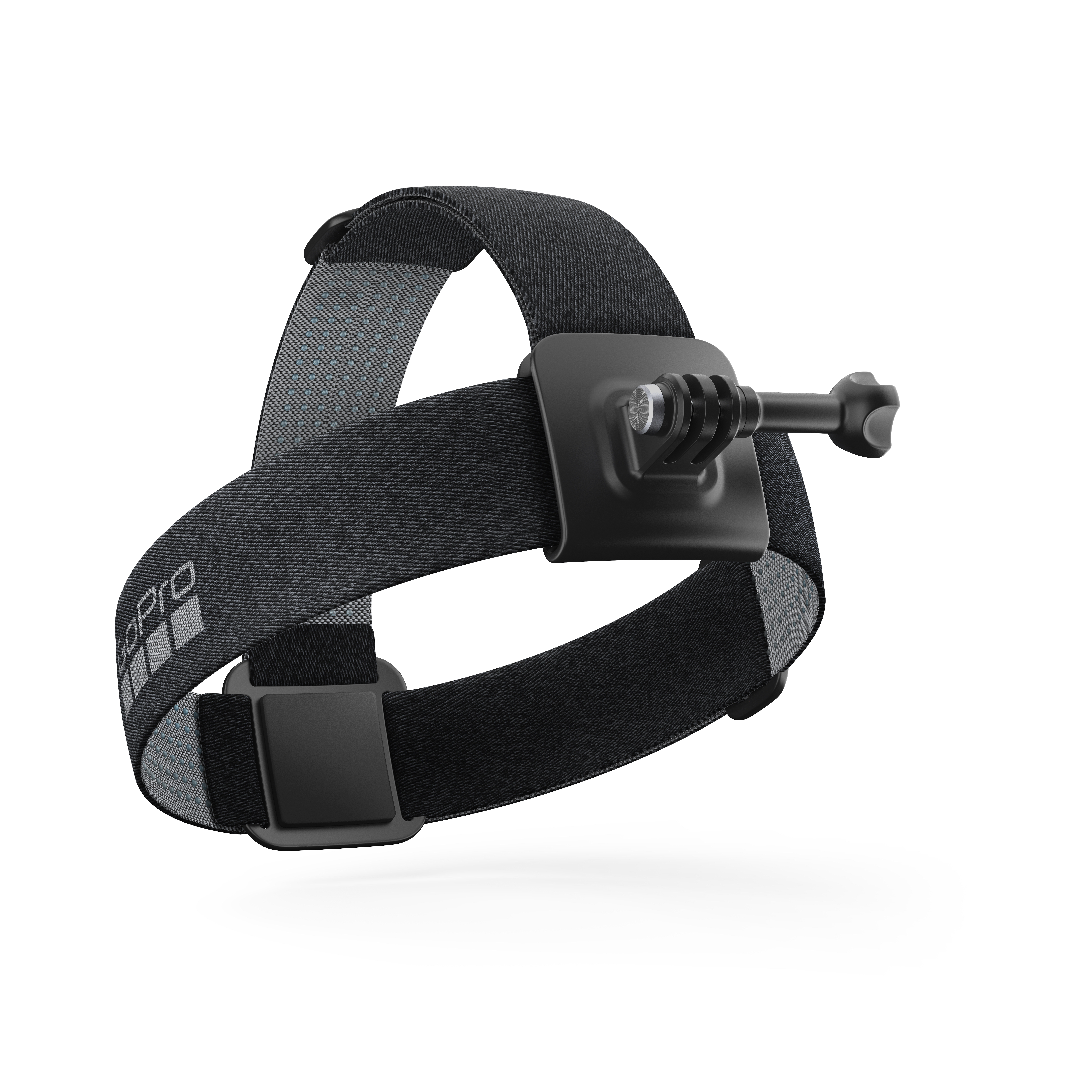 Ein schwarzes GoPro Kopfband mit Befestigungshalterung auf weißem Hintergrund.
