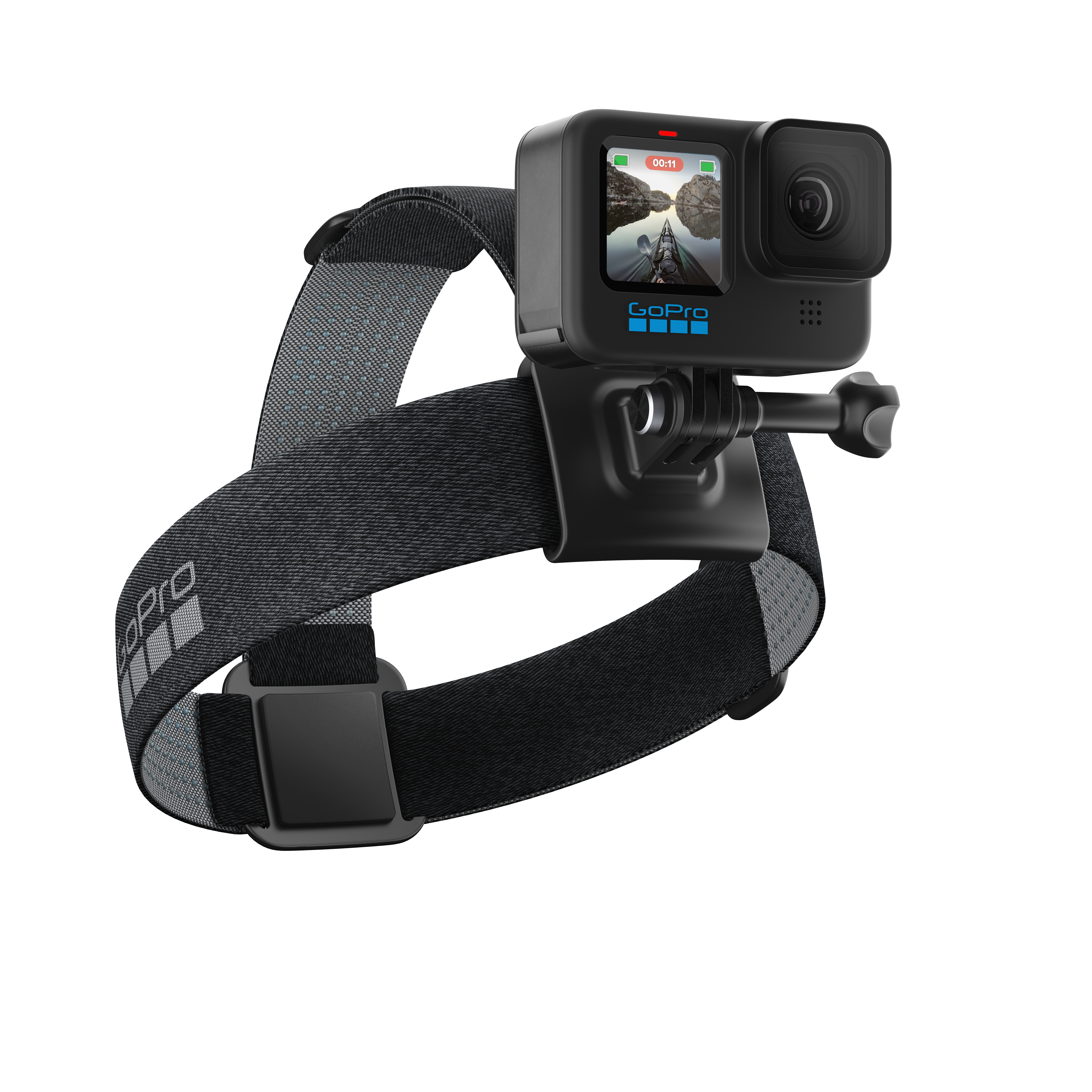 GoPro-Kamera auf schwarzem Kopfband mit Weißabgleich-Anzeige.