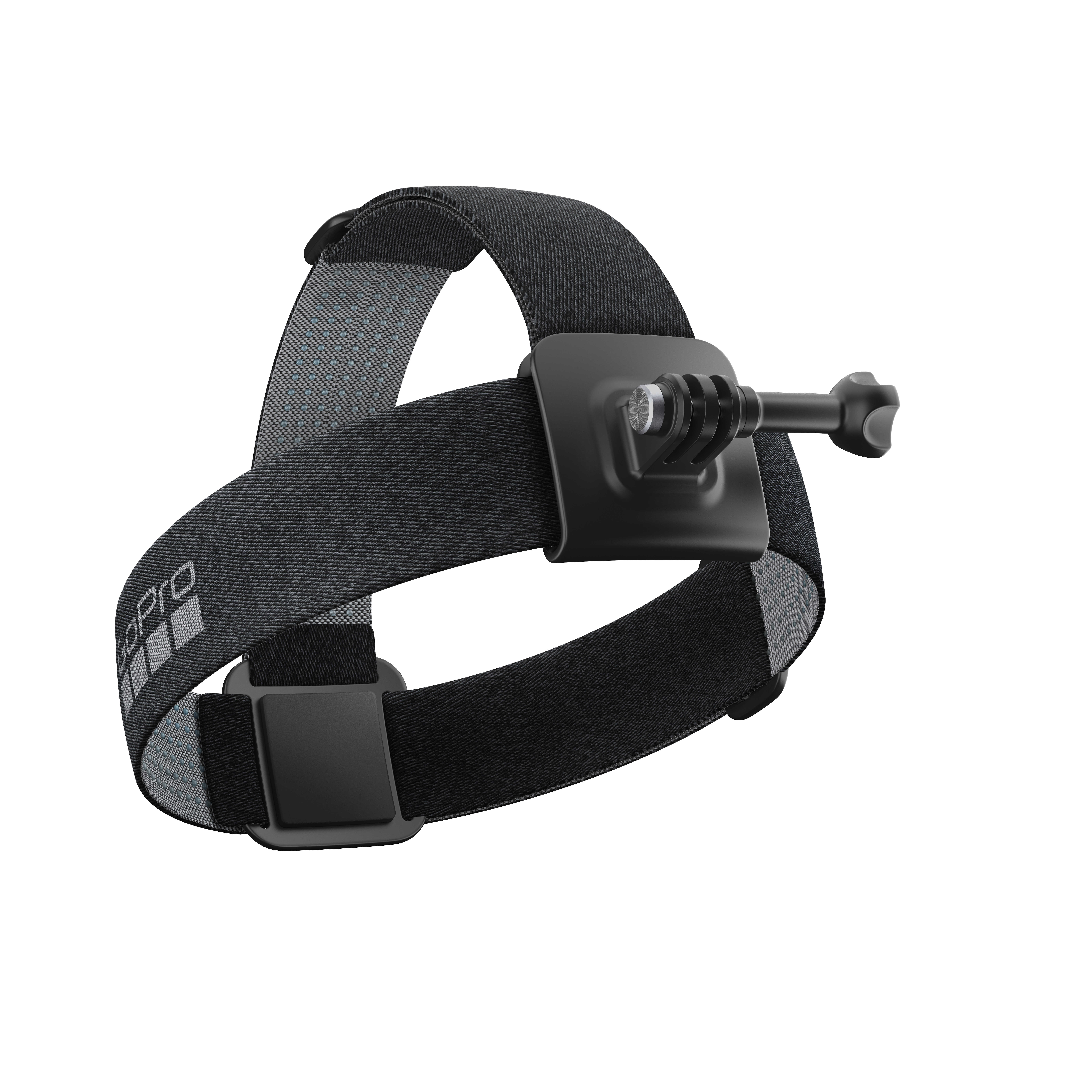 Ein schwarzes GoPro-Kopfband mit verstellbarem Riemen und Kamerahalterung.