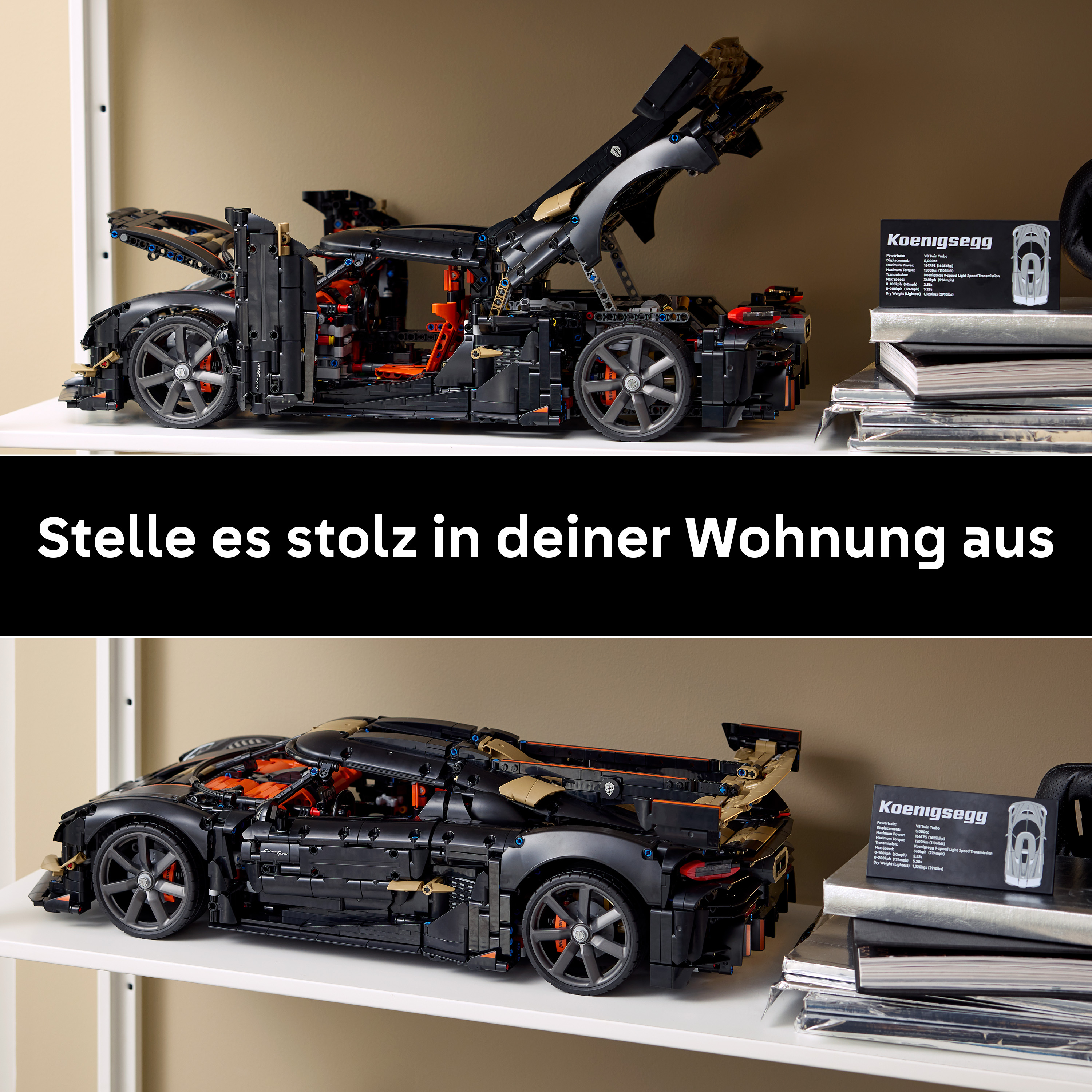 Ein schwarzes Lego-Modell eines Koenigsegg-Autos mit geöffneter Tür und Haube.
