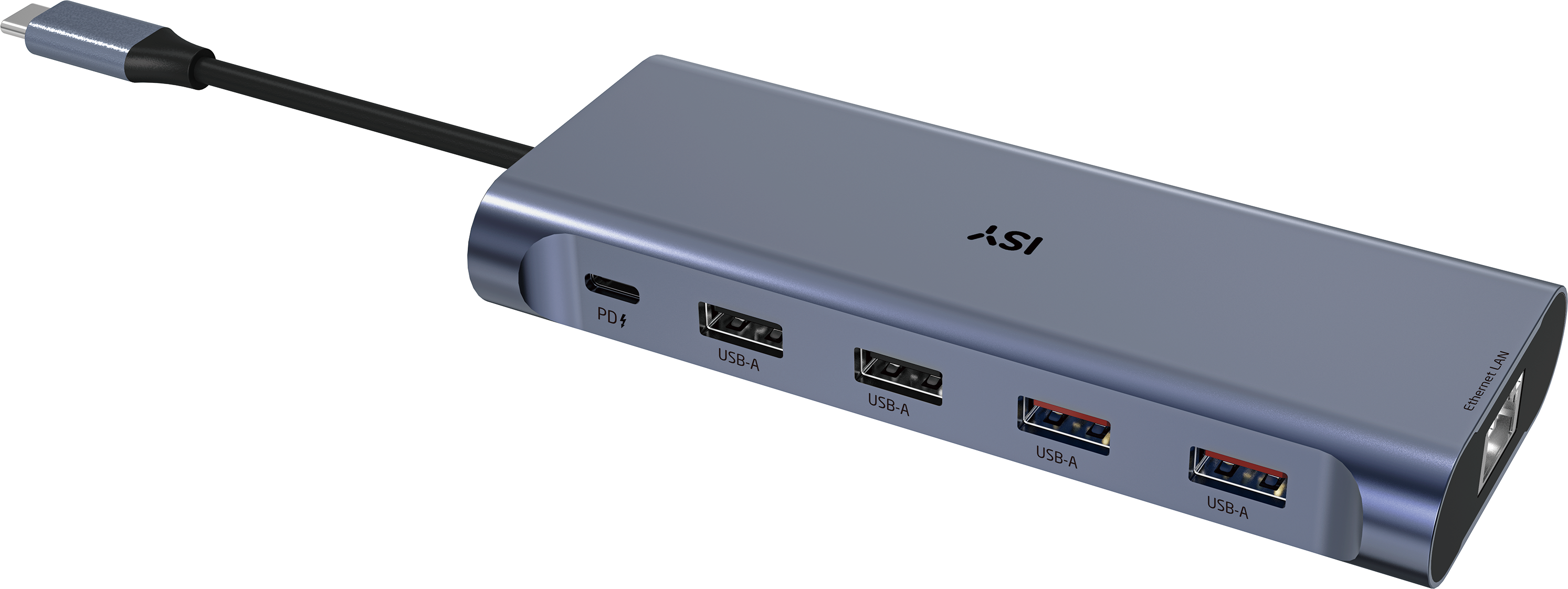 Hub USB-C grigio con PD, 4 porte USB-A e Ethernet LAN.