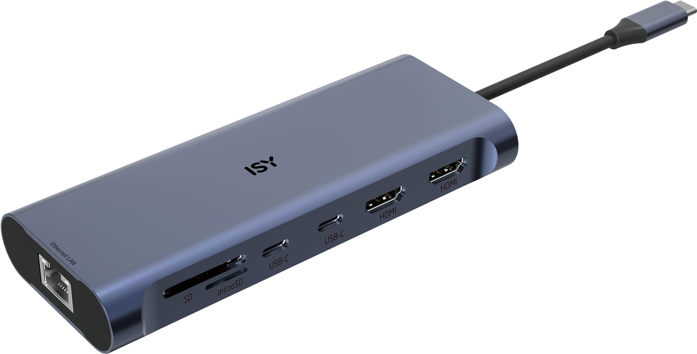 Un hub USB-C grigio con porte Ethernet, SD, microSD, USB-C e HDMI.