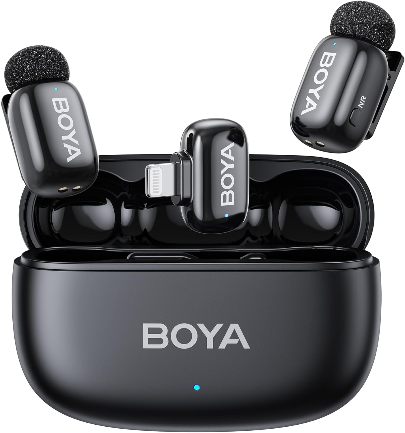 BOYA Mini 2-03 Vezeték nélküli mikrofon, AI zajszűrő, fekete, 2TX+1RX, Lightning csatlakozós