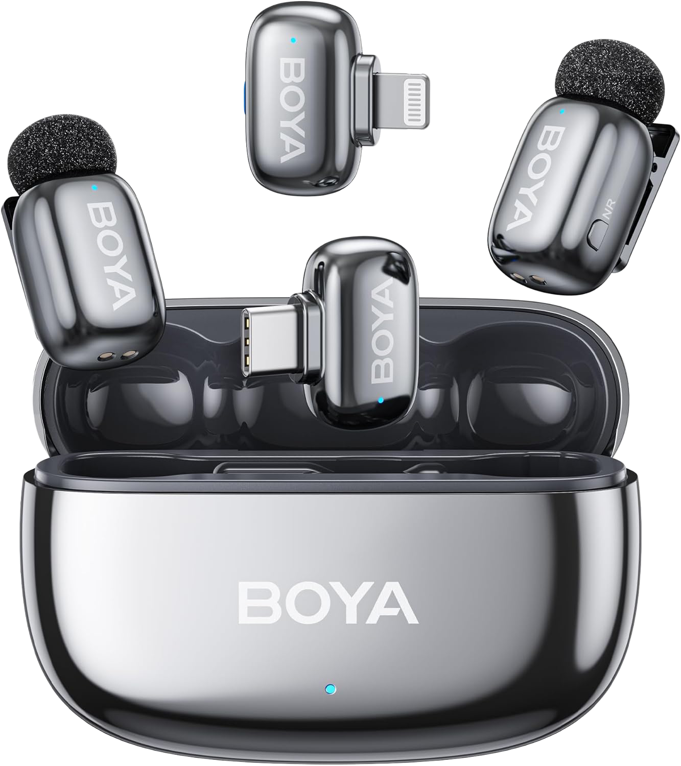 BOYA Mini 2-01-Space Gray Vezeték nélküli mikrofon, AI zajszűrő, szürke, 2TX+2RX, Lightning, USB-C csatlakozós