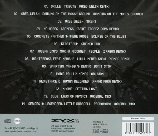 CD-Rückseite mit Trackliste und Firmenlogos auf dunklem Hintergrund.