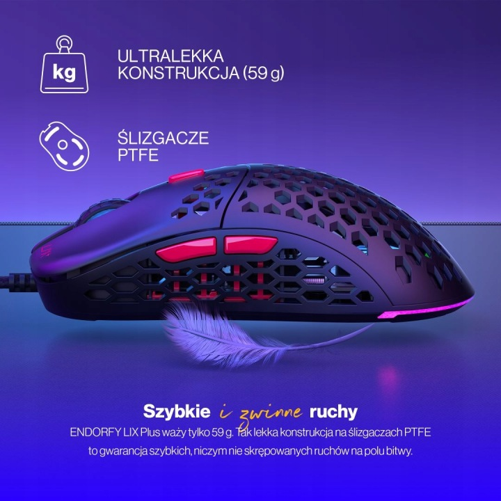 Lekka mysz gamingowa o strukturze plastra miodu, stopkach PTFE i podświetleniu RGB.
