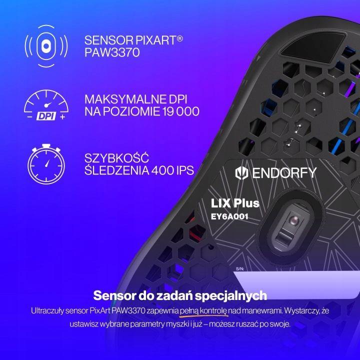 Spód czarnej myszy z napisem 'END OF RFY LIX Plus EY6A001'.