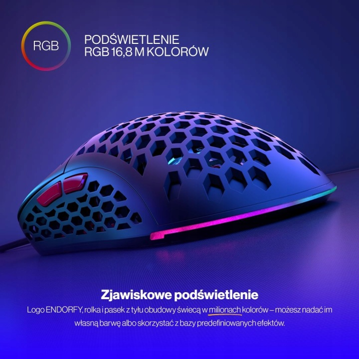 Mysz gamingowa z motywem plastra miodu i wielokolorowym podświetleniem RGB.