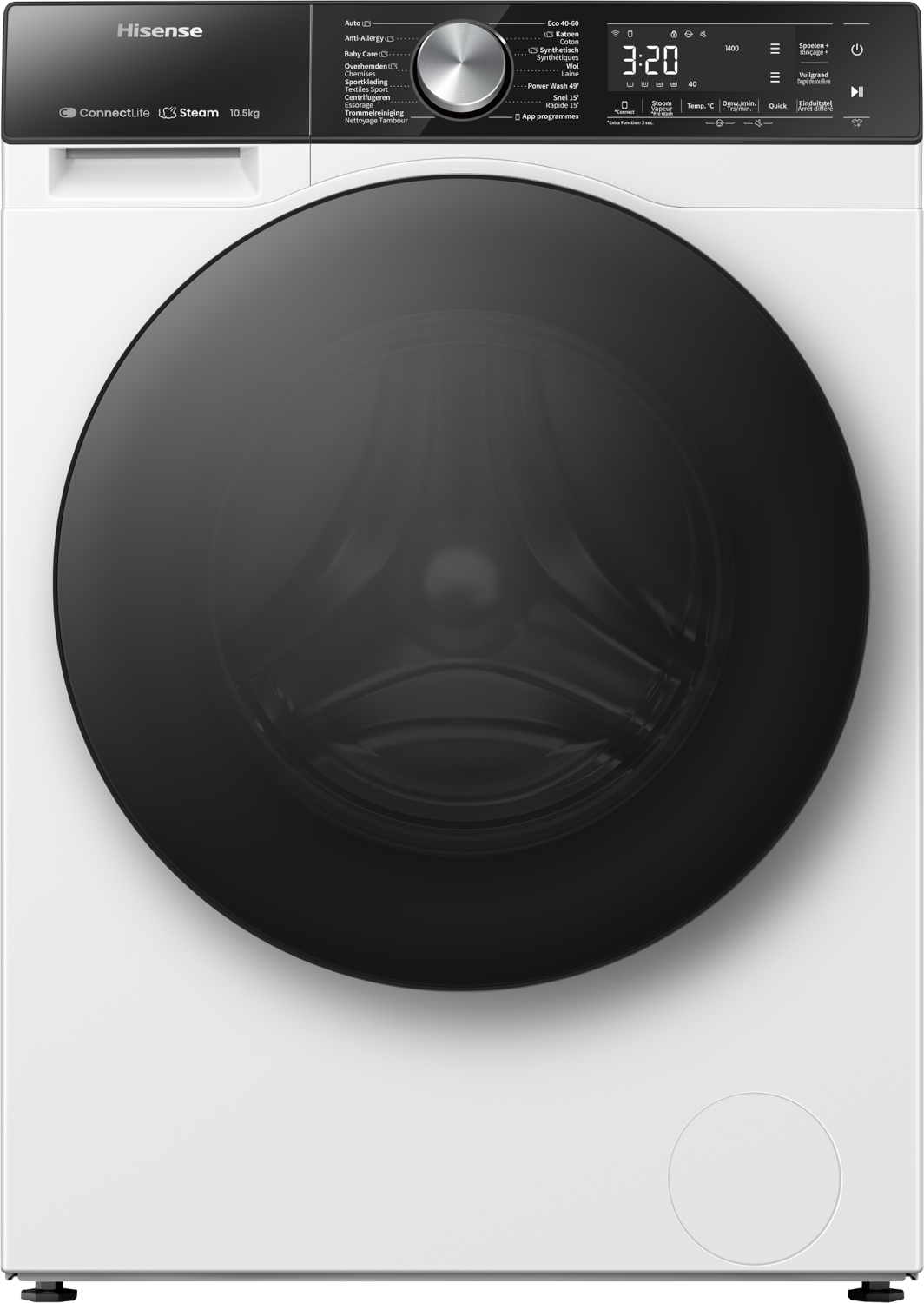 A white Hisense washing machine with a black door and control panel. Time is 3:20.