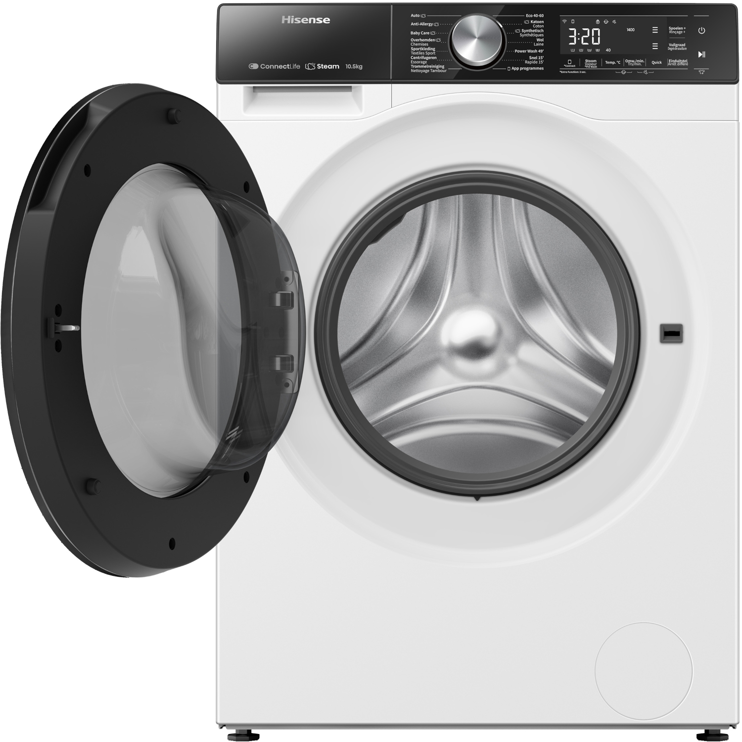 A white Hisense washing machine with its black door open, displaying the control panel.