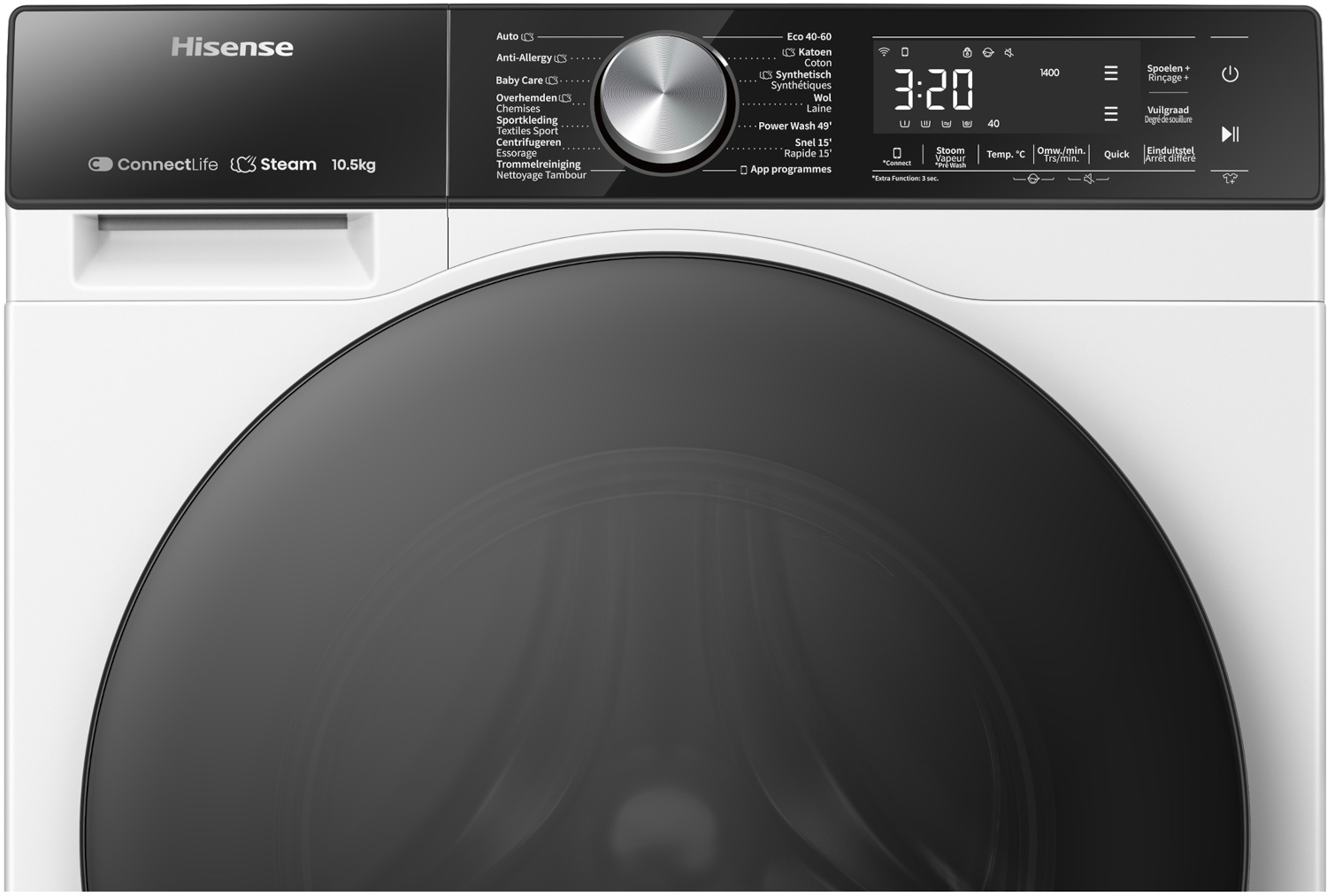 Front view of a Hisense washing machine with control panel and door.