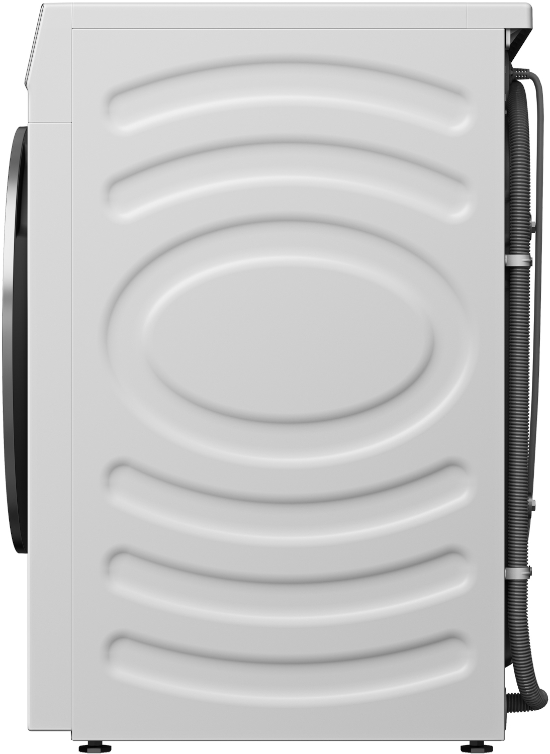 White washing machine shown from the side, with a door and hoses.