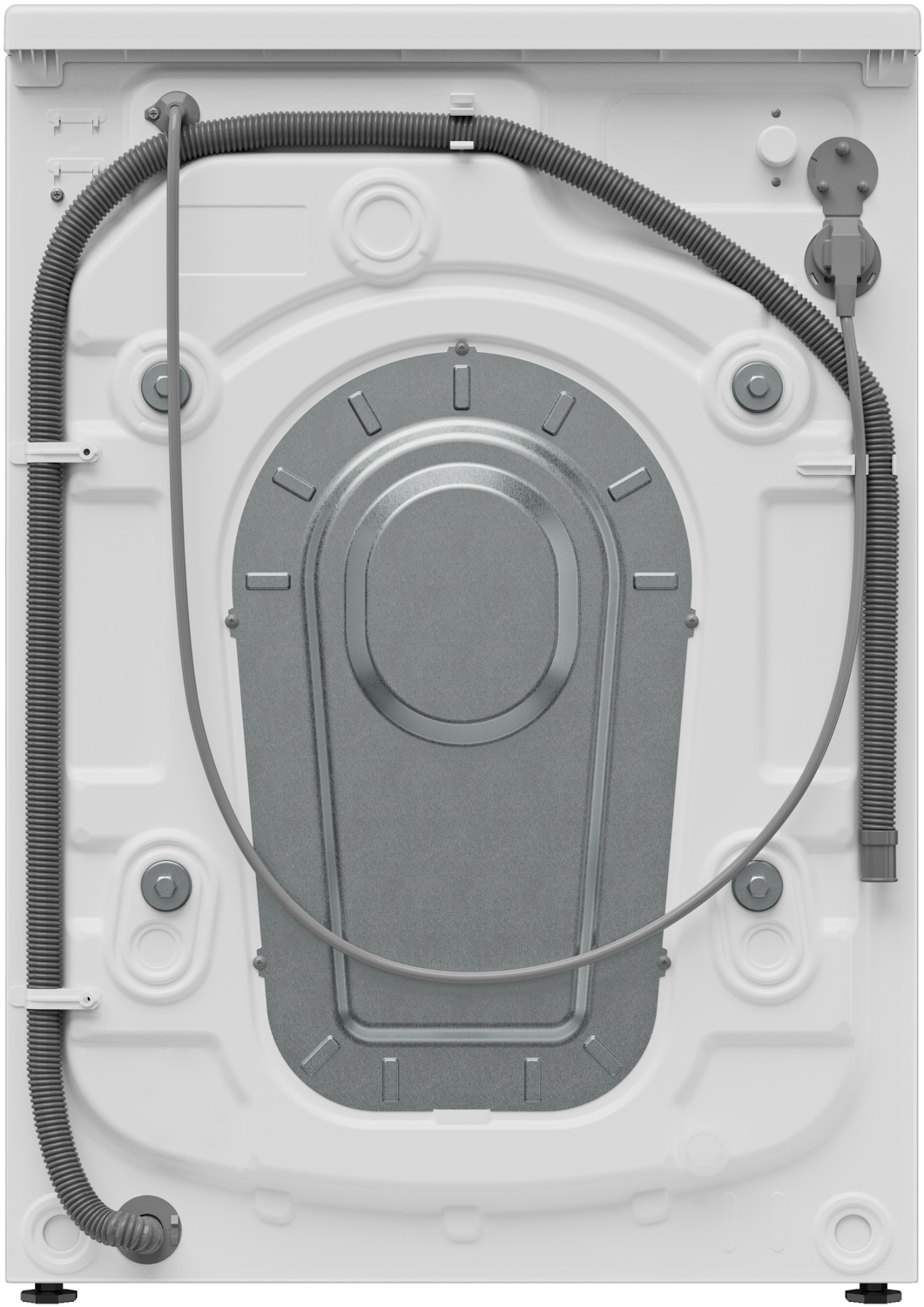Back of a white washing machine showing hoses and a metal plate.