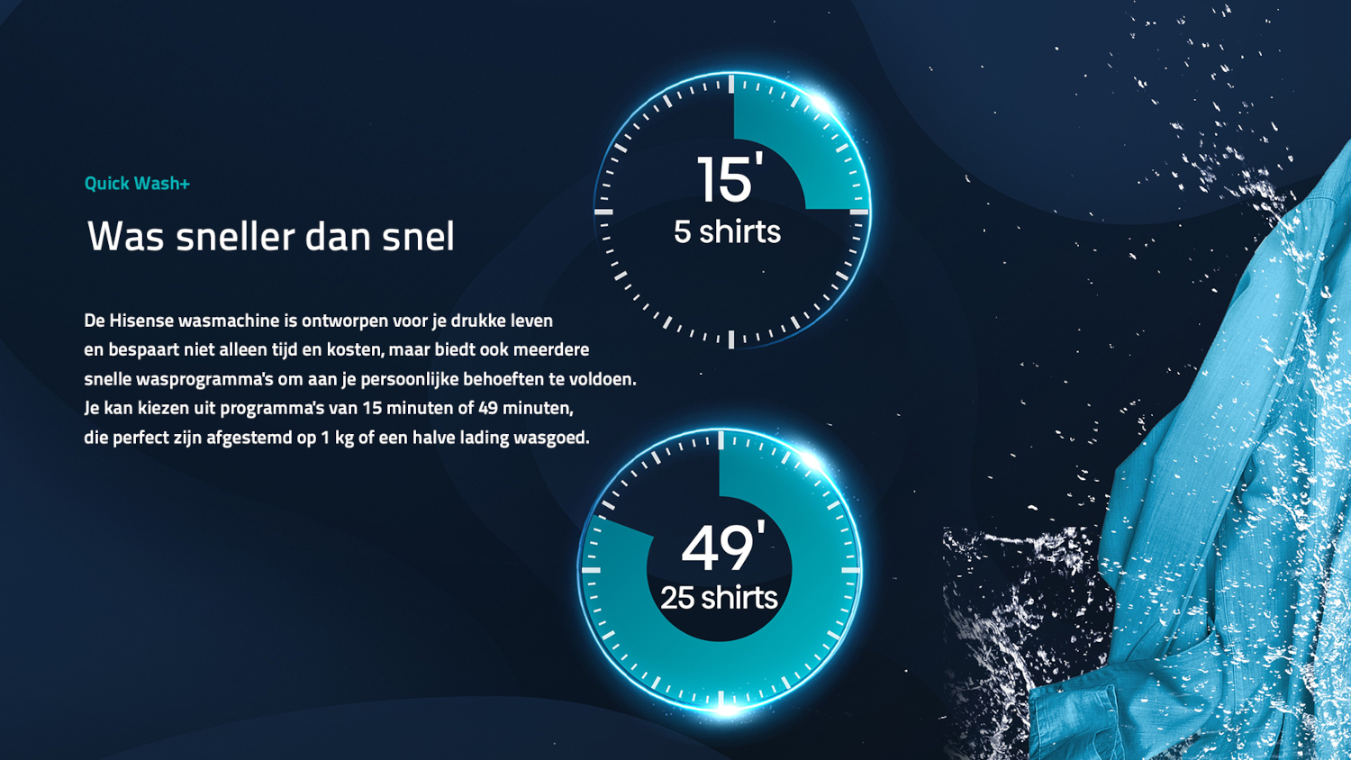 Washing machine with two timers: 15 min for 5 shirts, 49 min for 25 shirts.