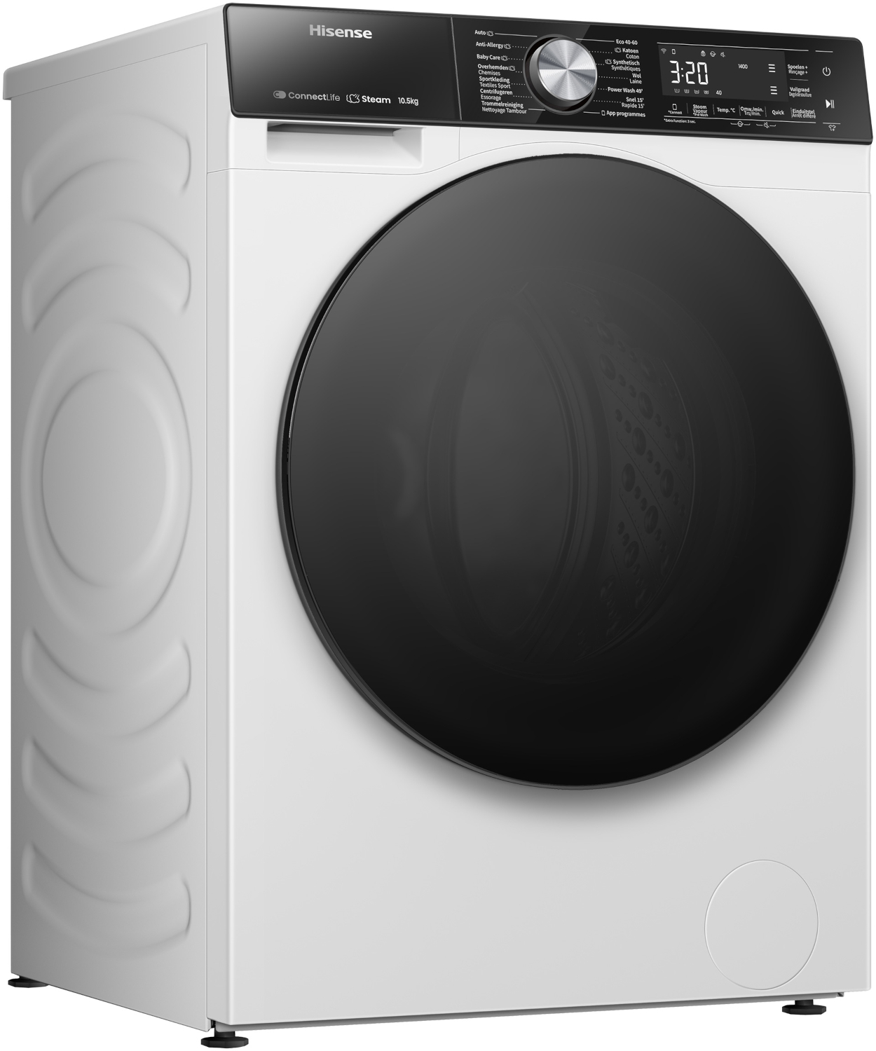 A white Hisense washing machine with a black door and digital display.