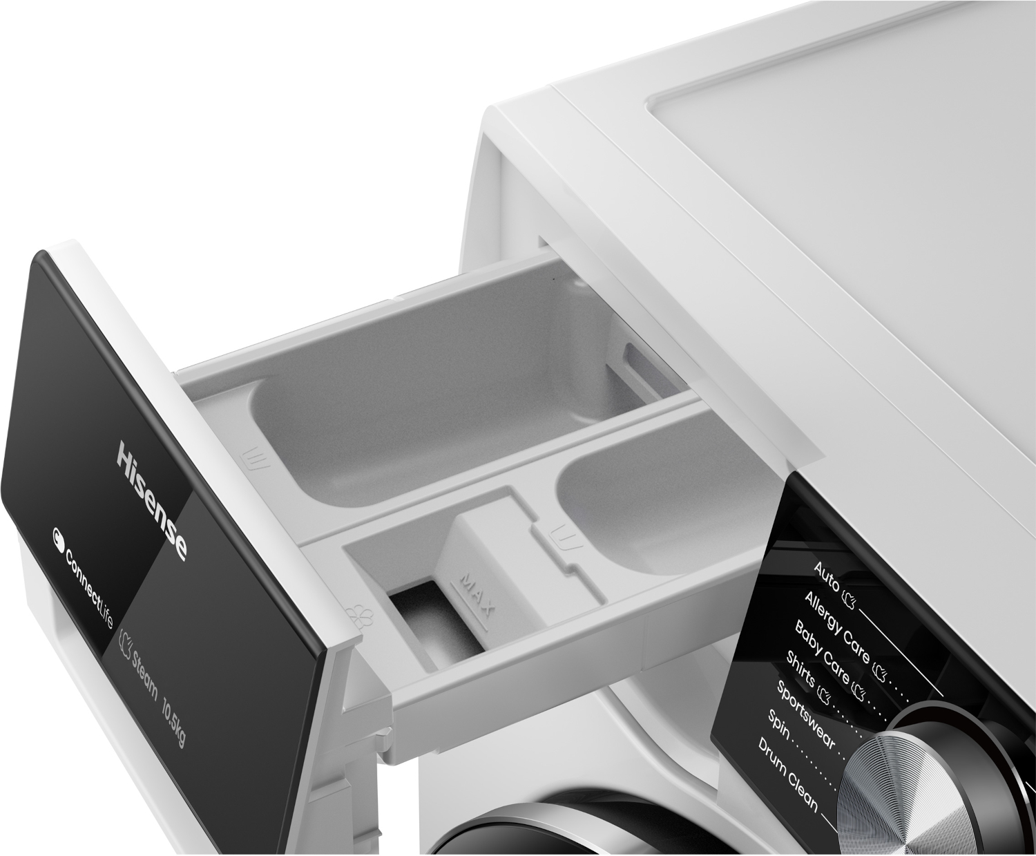 Open Hisense washing machine detergent drawer and control panel detail.
