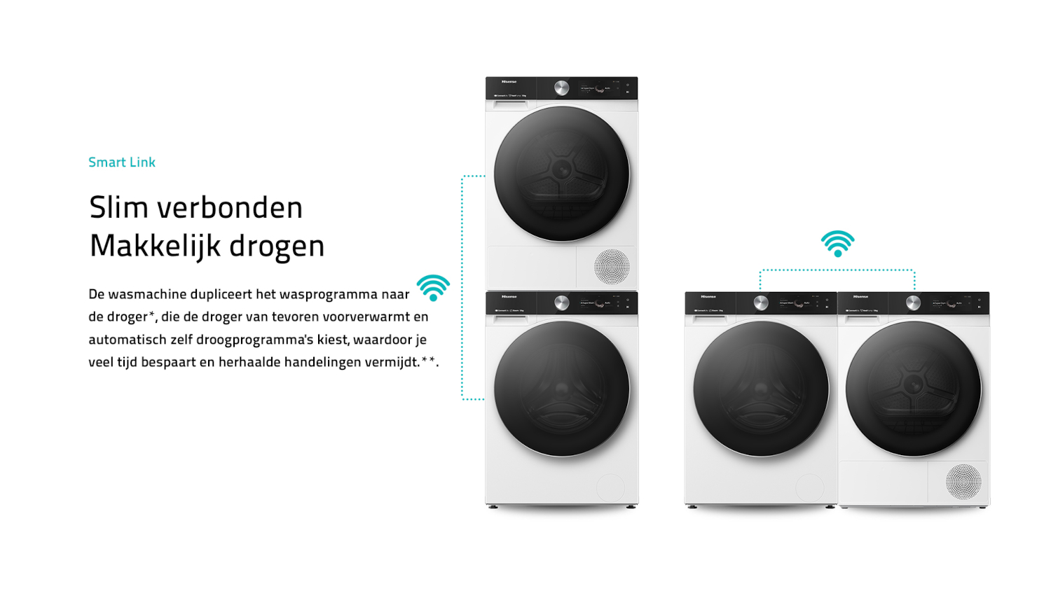Three white washing machines and dryers with black doors are connected.