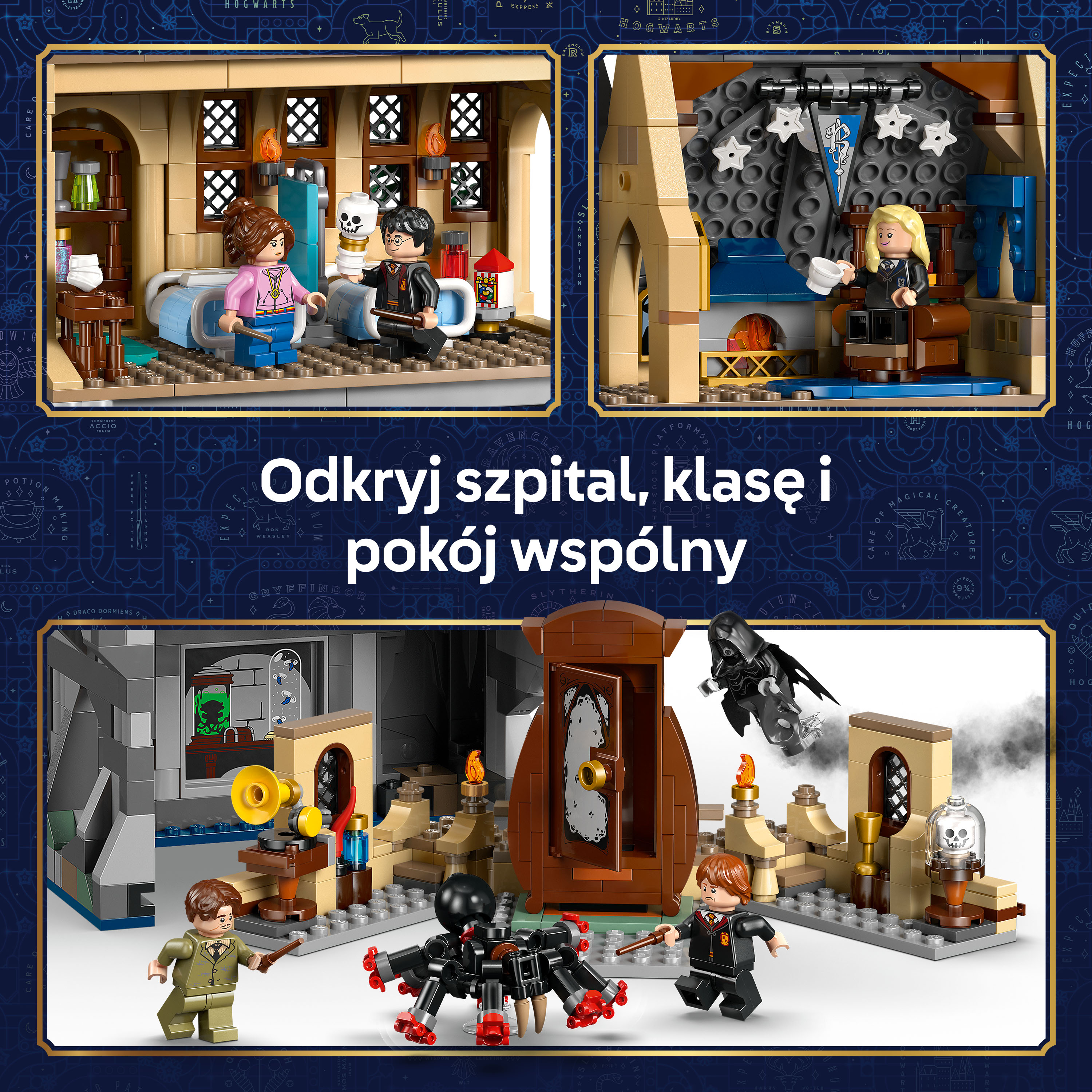 Sceny Lego: skrzydło szpitalne, klasa, pokój wspólny, bitwa pająka.