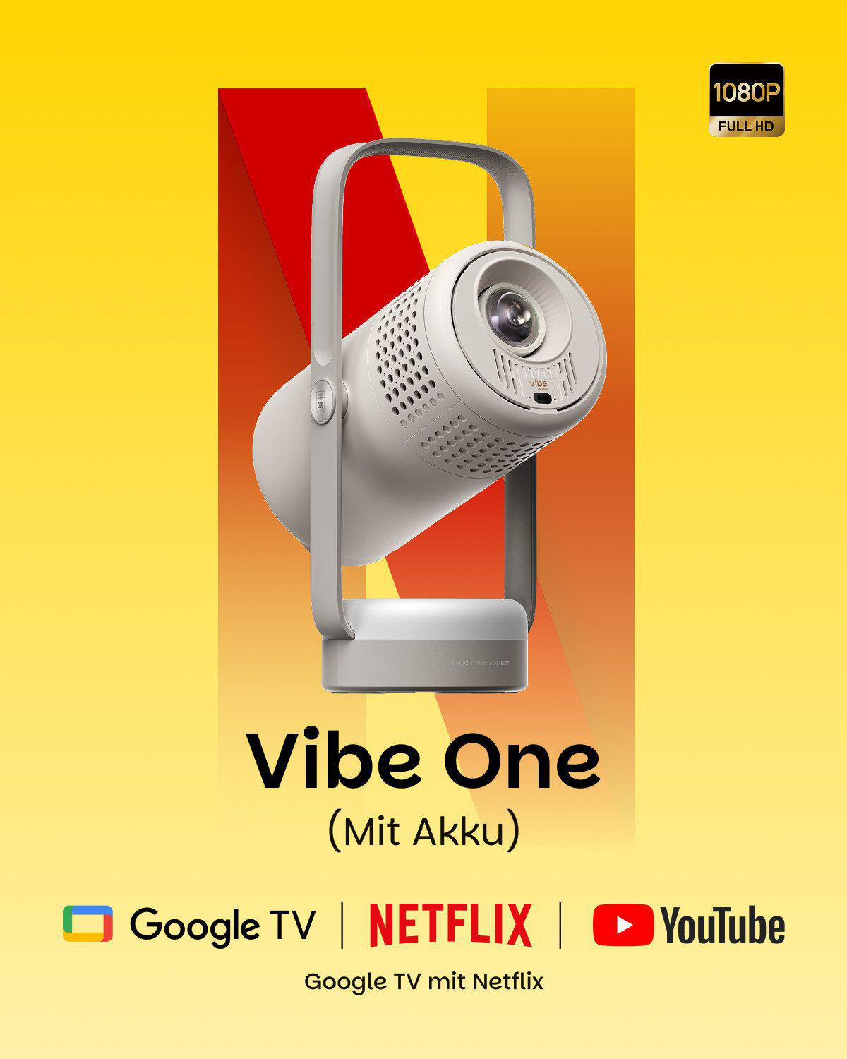 Moderner weißer Projektor mit Griff, 1080p Full HD, Google TV, Netflix, YouTube.