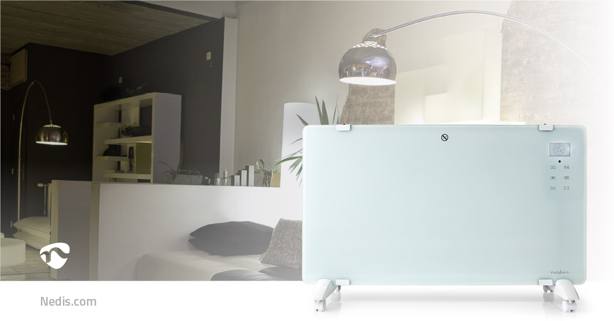 Ein weißer Glasheizkörper mit Rädern steht in einem stilvollen Wohnzimmer.